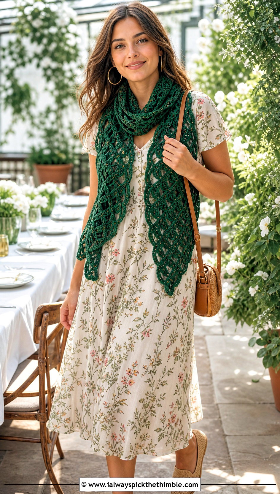 Shell Mesh Crochet Scarf With Floral Midi Dress - 20 Mesh Crochet Scarf outfit ideas