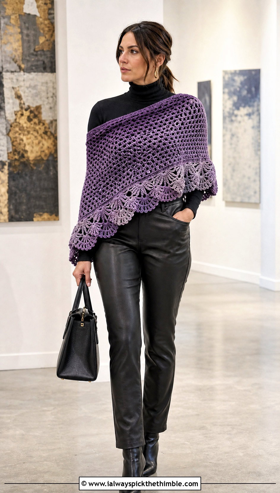 Shell Shawl Scarf With Turtleneck And Leather Pants - 20 crochet shell scarf outfit ideas
