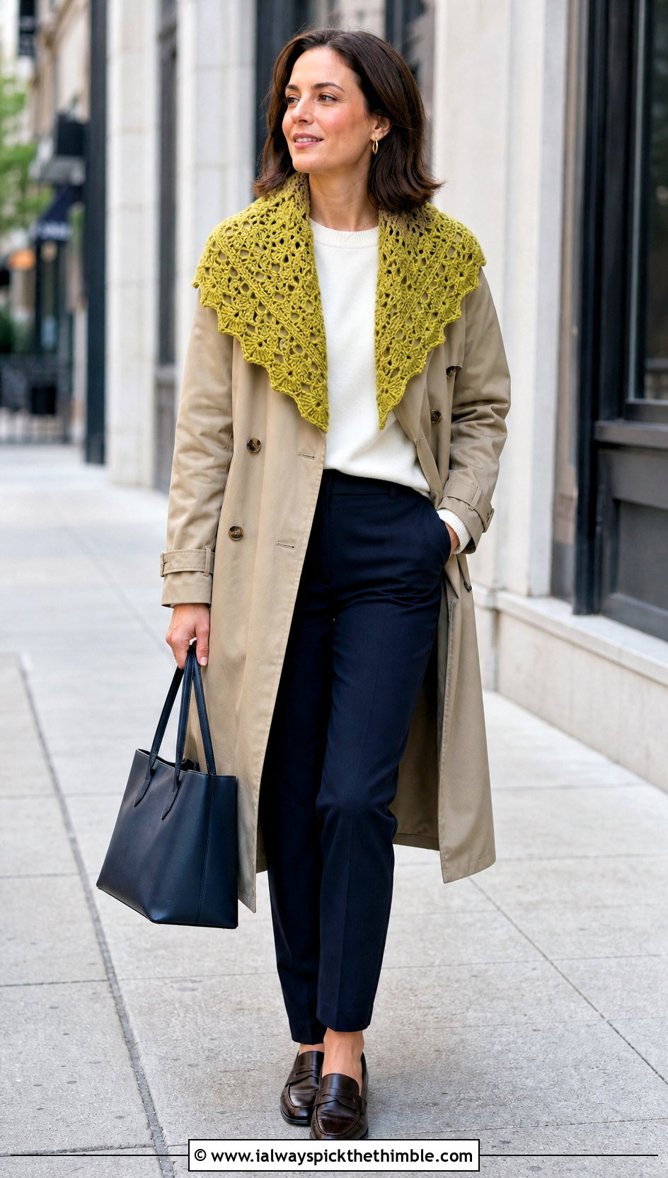 Shell Shawlette With Trench Coat - 20 Crochet Shell Shawl outfit ideas