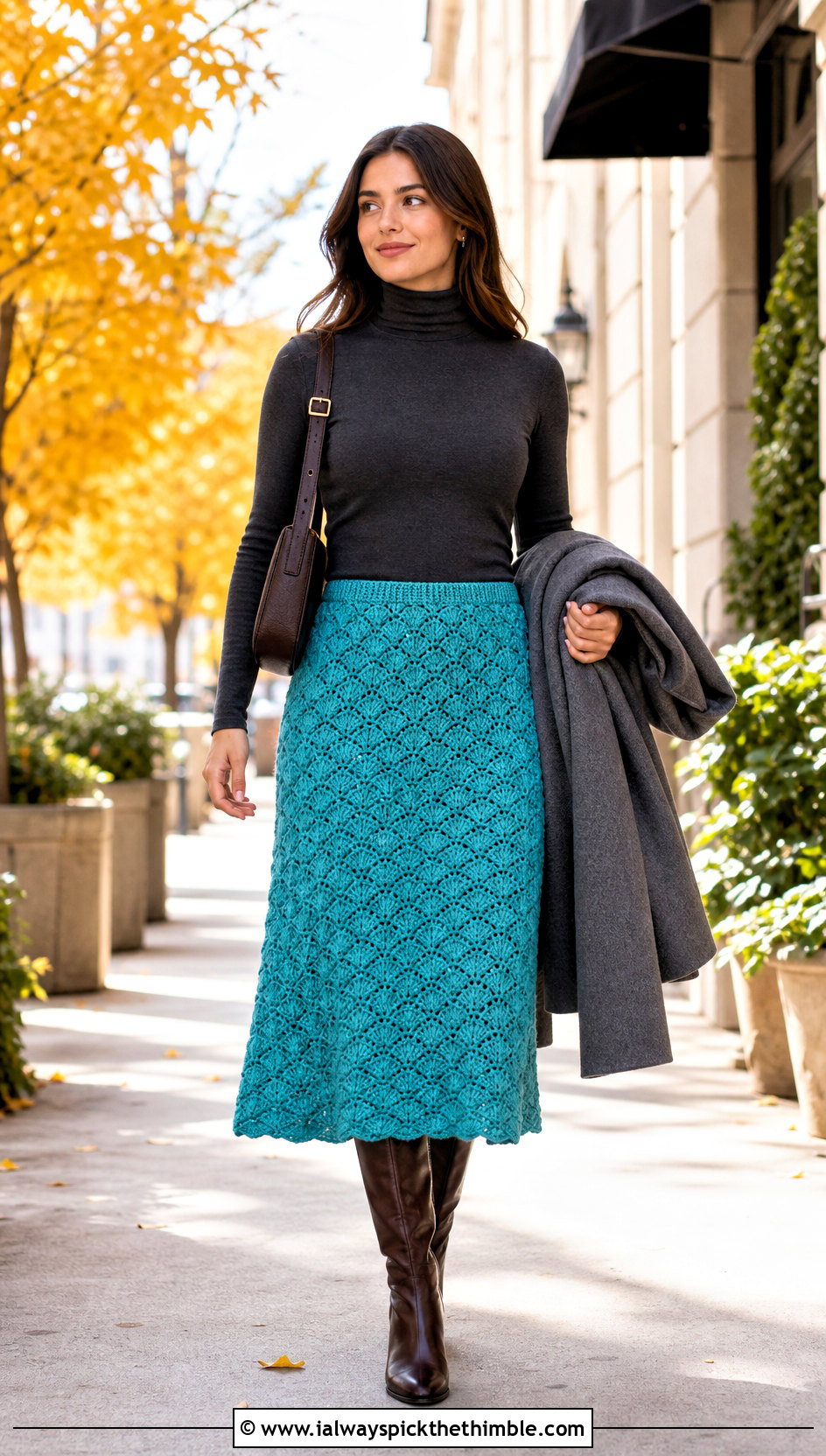 Shell Stitch A Line Midi Crochet Skirt With Turtleneck - 20 midi crochet skirt outfit ideas