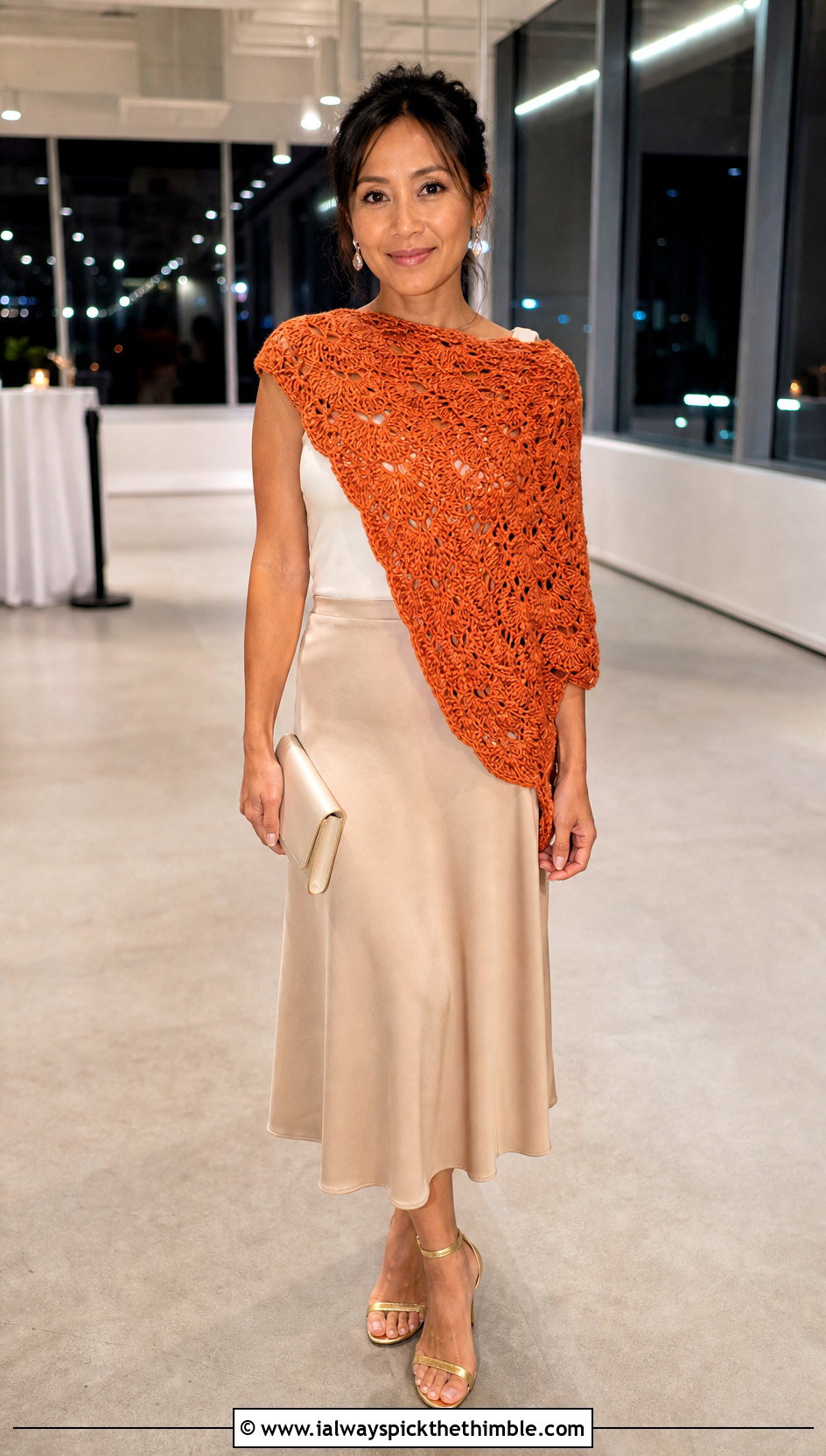 Shell Stitch Asymmetrical Crochet Poncho With Satin Slip Skirt - 20 Asymmetrical Crochet Poncho outfit ideas