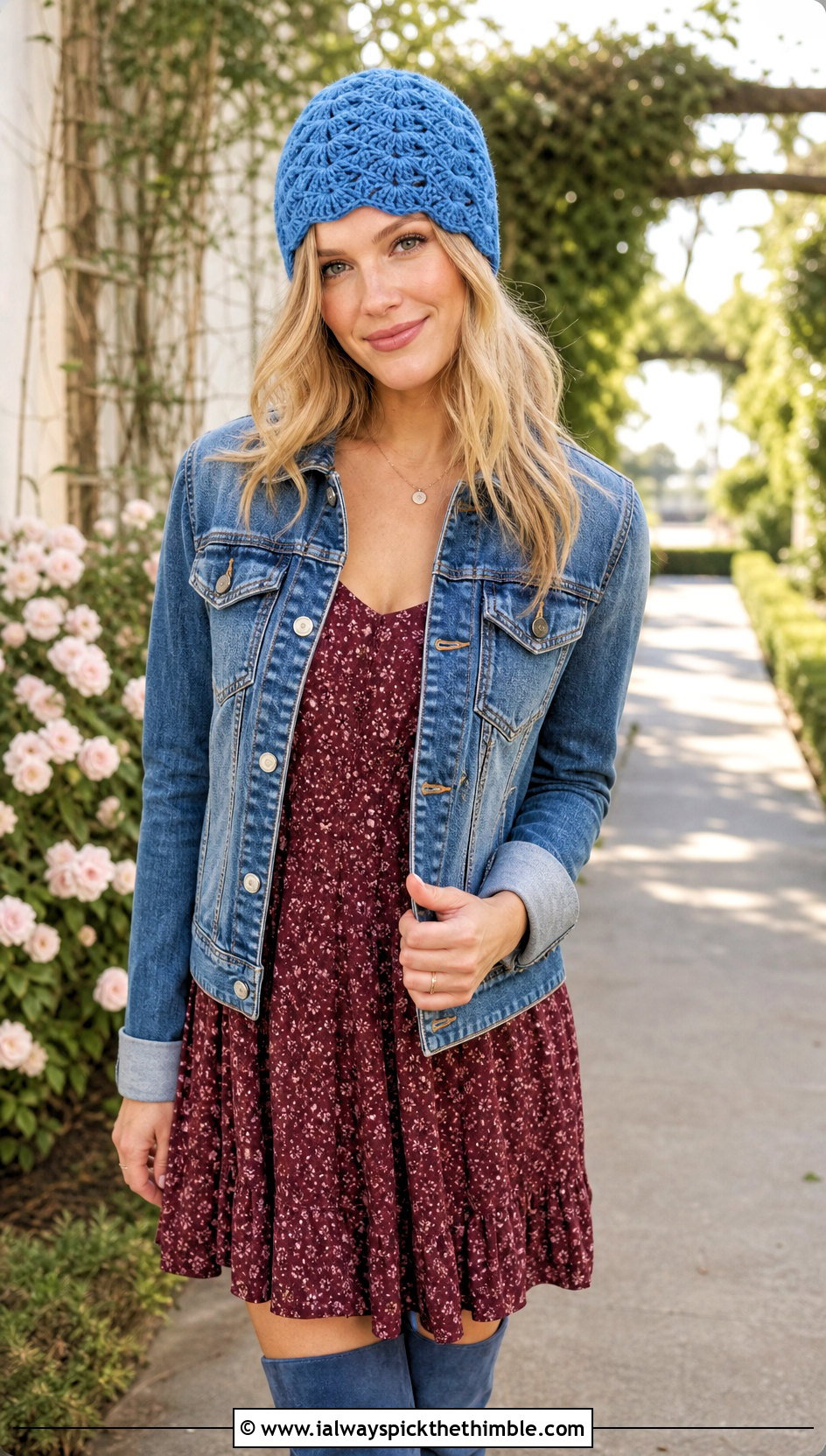 Shell Stitch Beanie With Prairie Dress And Denim Boots - 20 Boho Crochet Beanie outfit ideas