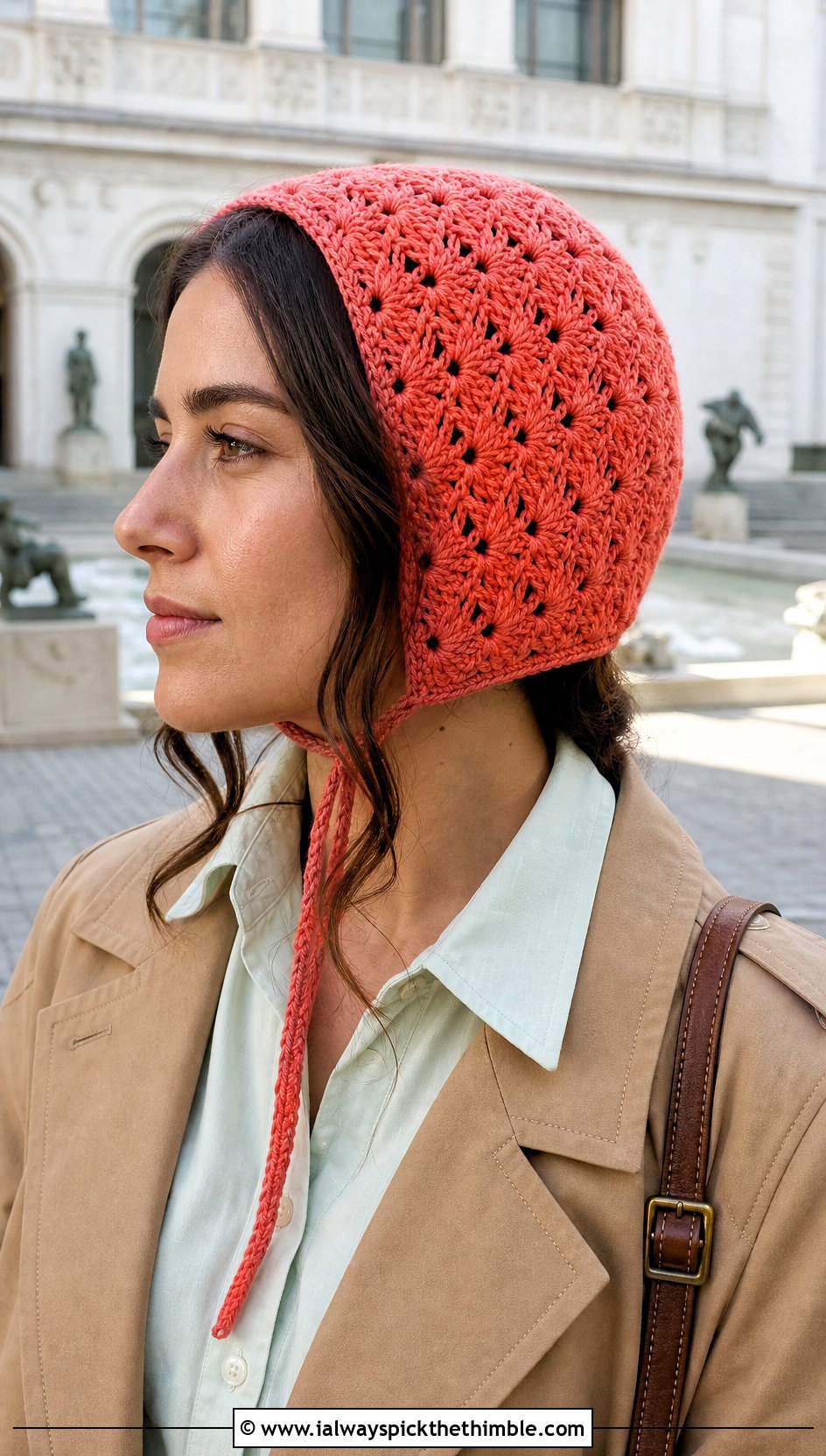 Shell Stitch Bonnet With Shirt Dress - 25 crochet bonnets outfit ideas