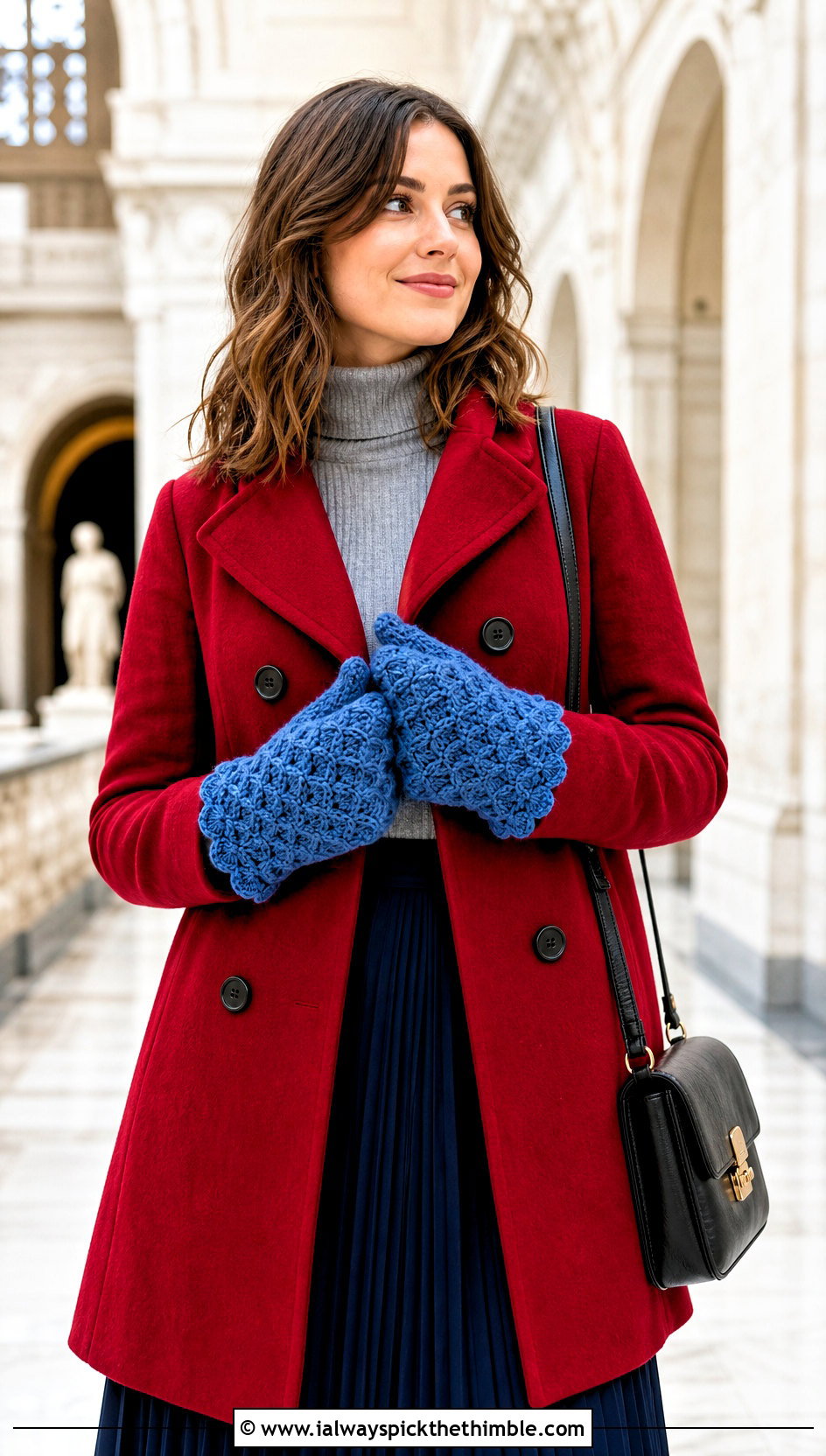 Shell Stitch Bulky Crochet Mittens With Pea Coat And Pleated Skirt - 15 Bulky Crochet Mittens outfit ideas