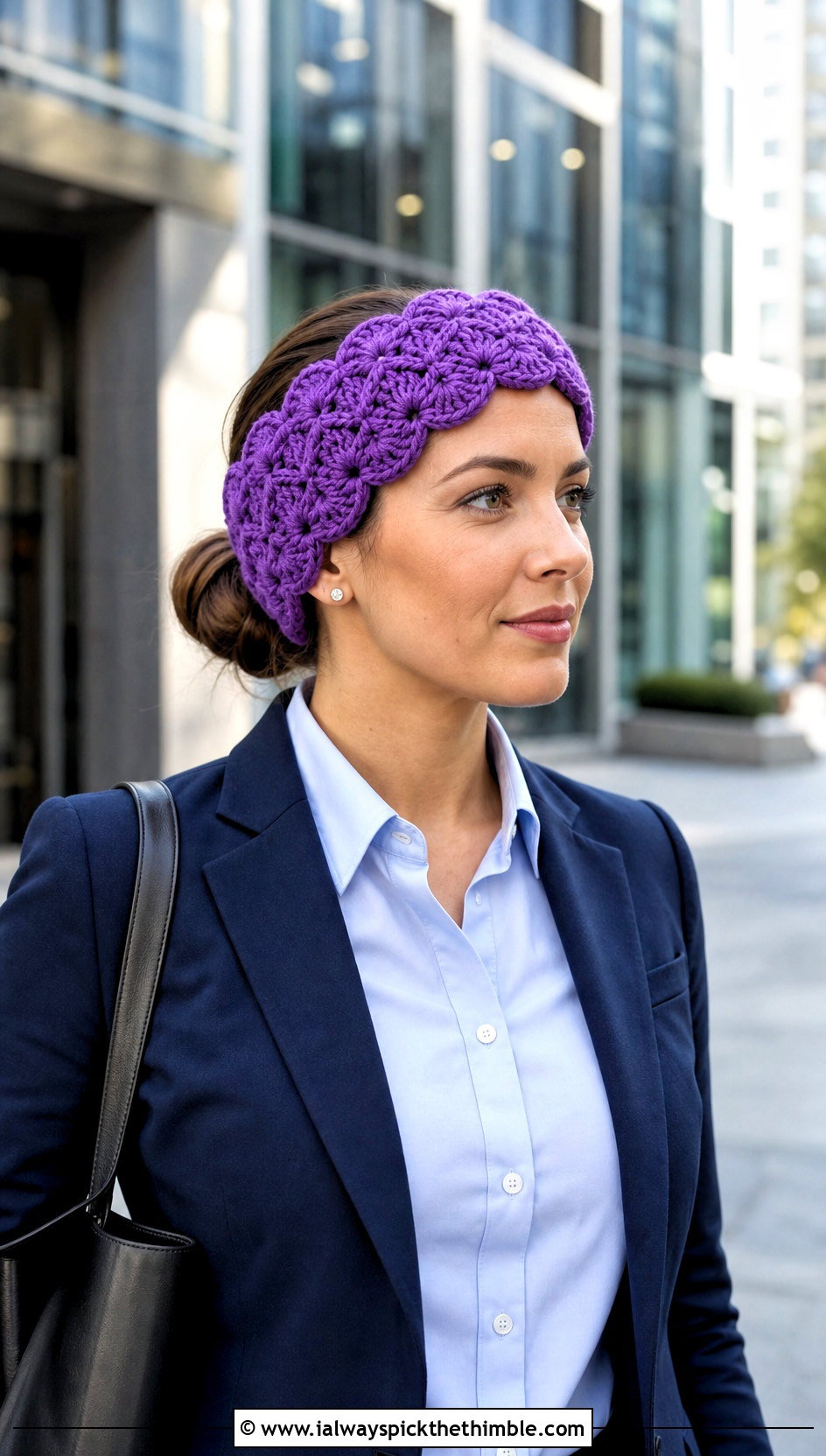 Shell Stitch Bulky Yarn Crochet Ear Warmer With Blazer - 20 Bulky Yarn Crochet Ear Warmer outfit ideas