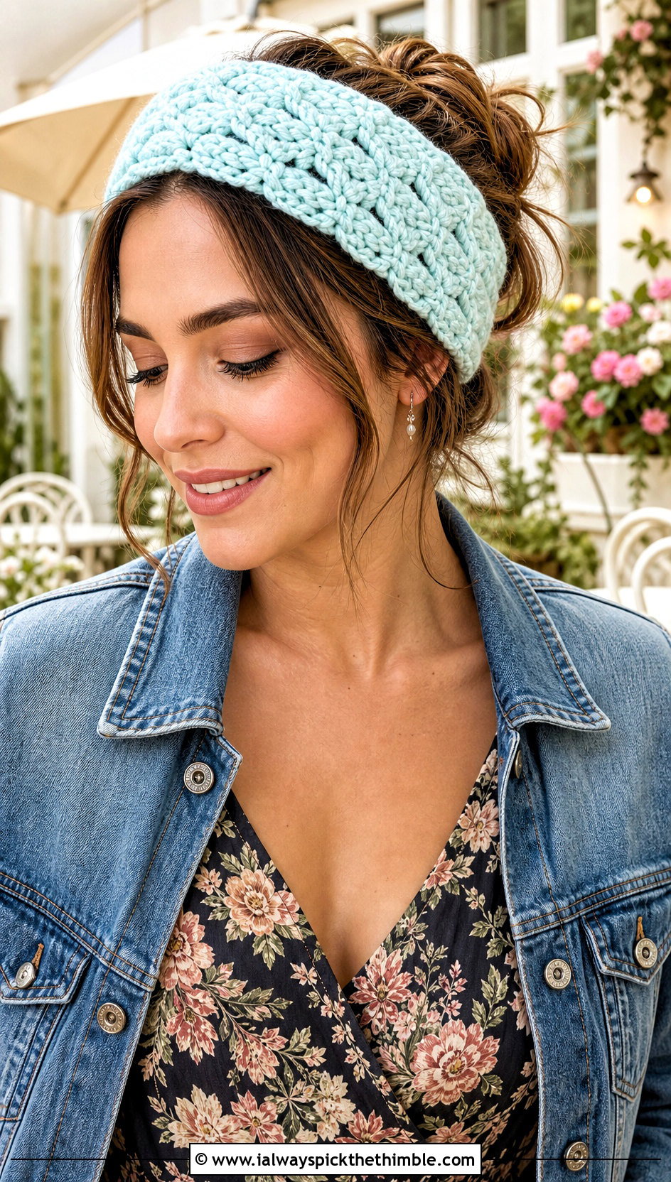 Shell Stitch Bulky Yarn Crochet Headband With Floral Midi Dress - 20 bulky yarn crochet headband outfit ideas