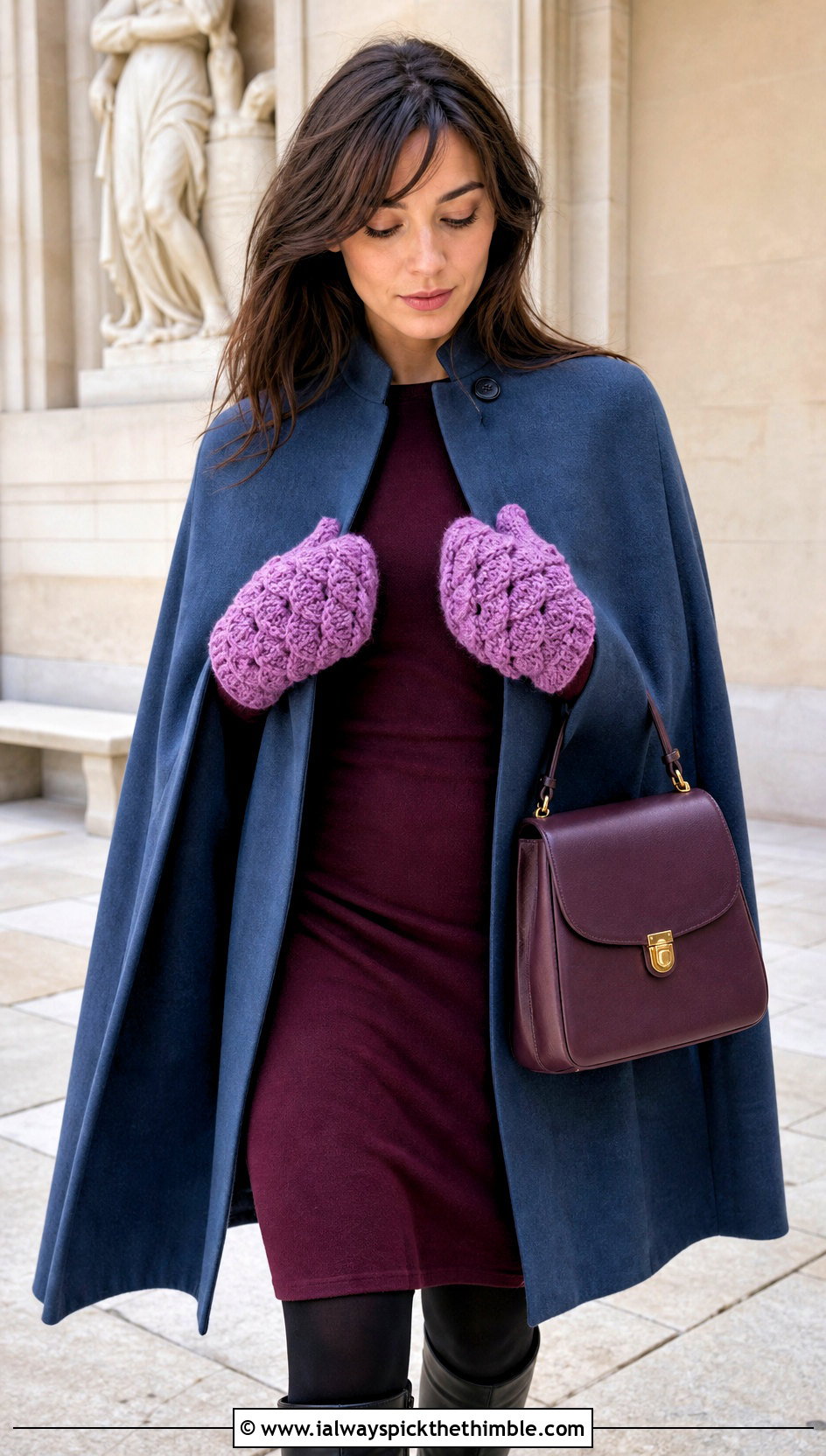 Shell Stitch Bulky Yarn Crochet Mittens With Cape Coat And Midi Dress - 20 Crochet Mittens Bulky Yarn outfit ideas