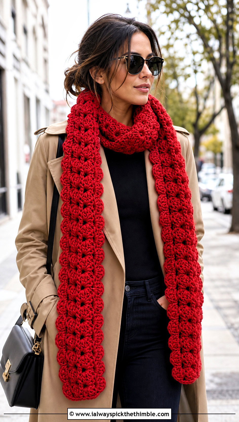 Shell Stitch Bulky Yarn Crochet Scarf With Trench Coat - 20 bulky yarn crochet scarf outfit ideas