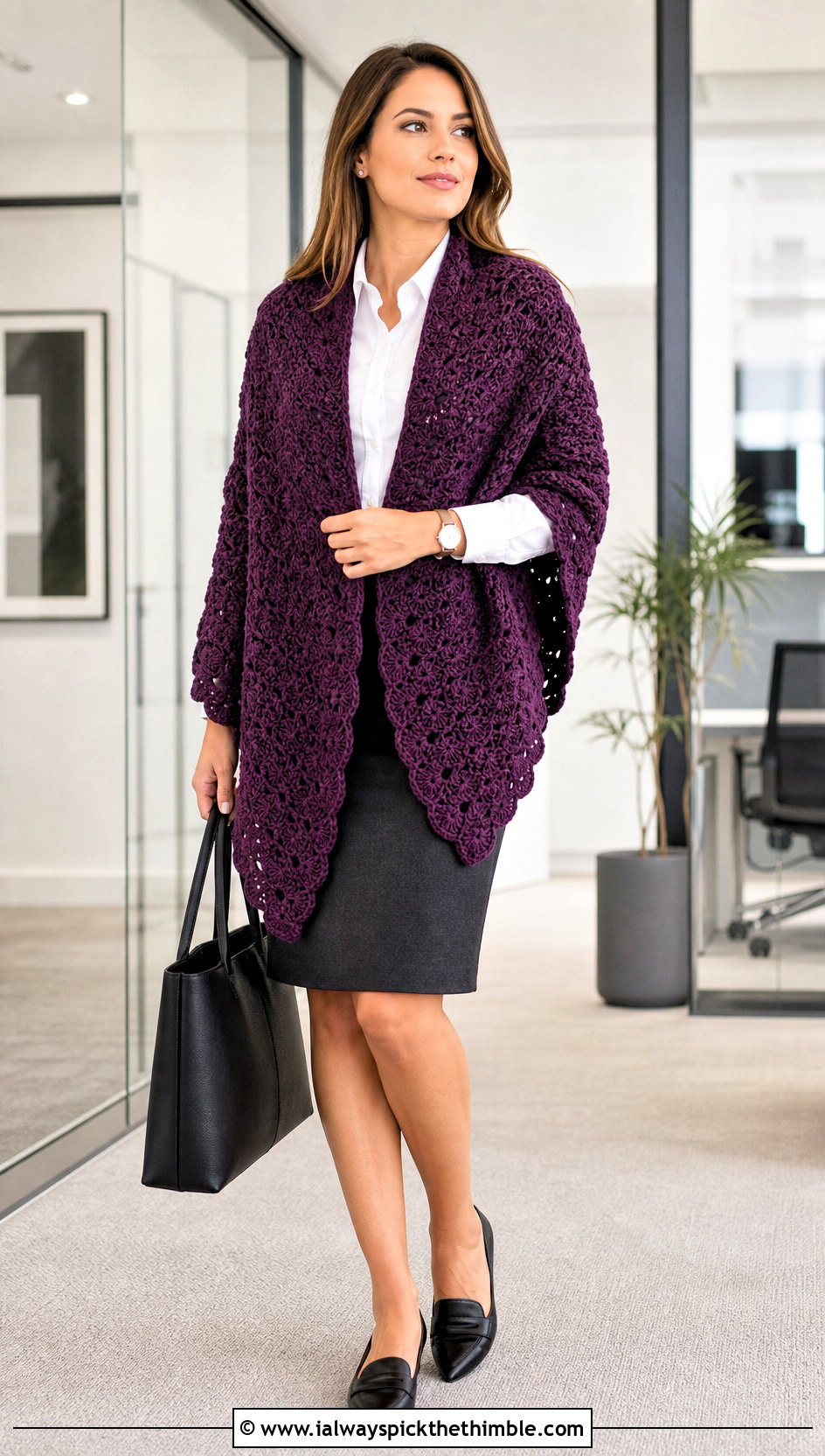 Shell Stitch Bulky Yarn Crochet Shawl With Pencil Skirt - 20 Bulky Yarn Crochet Shawl outfit ideas