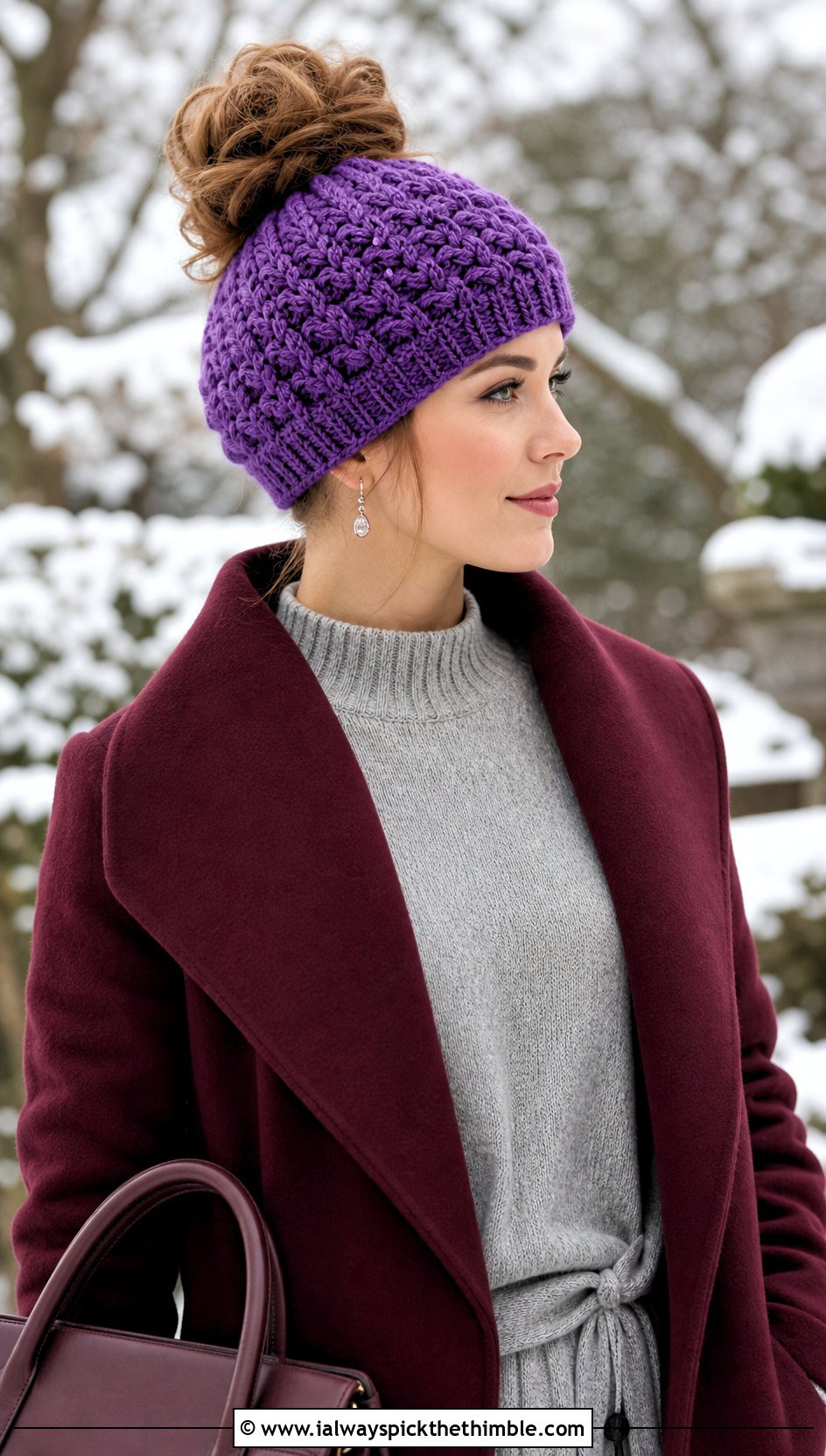 Shell Stitch Bun Hat With Sweater Dress And Boots - 25 crochet bun hat outfit ideas