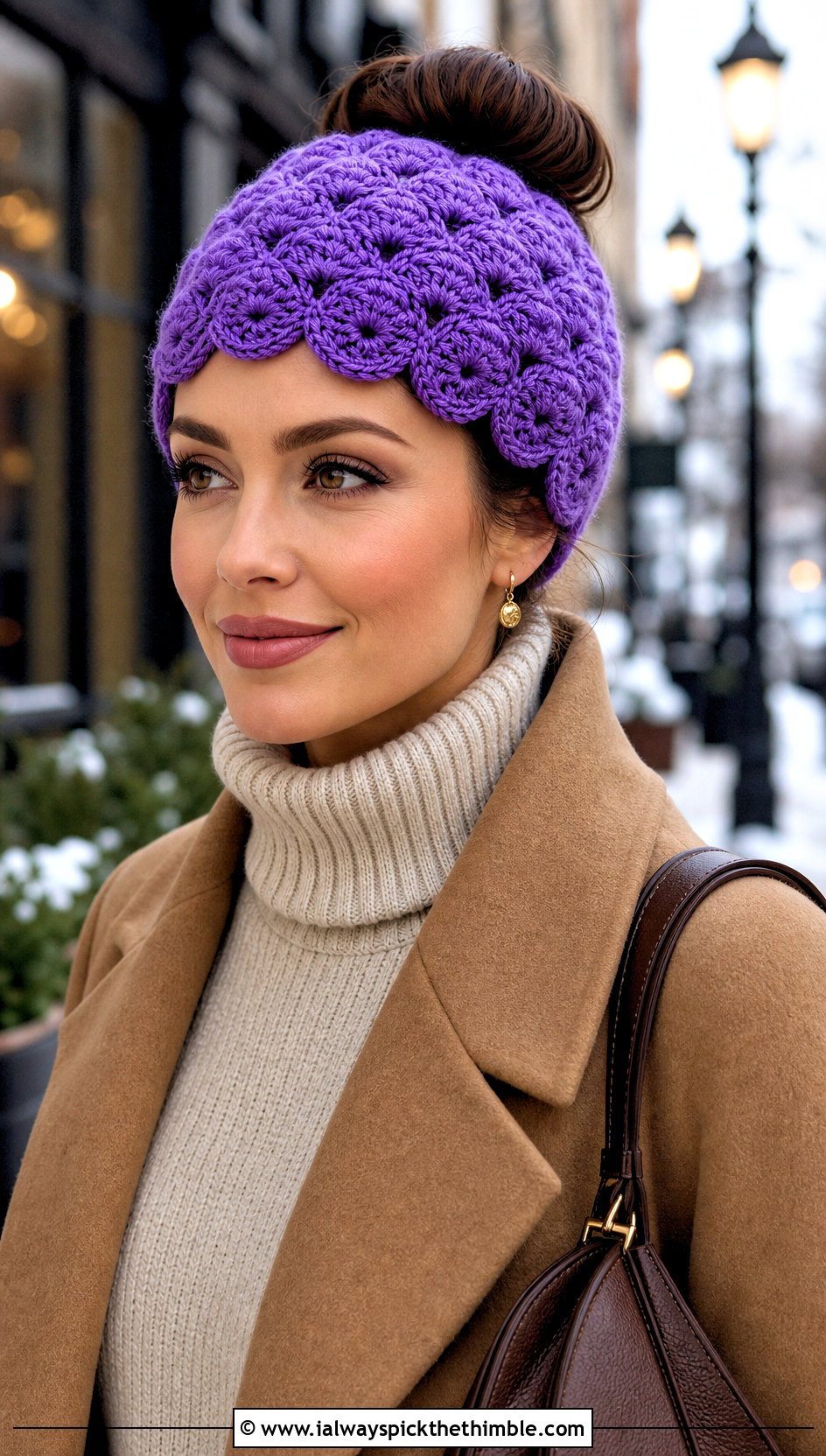 Shell Stitch Bun Hat With Sweater Dress - 15 bun crochet hat outfit ideas