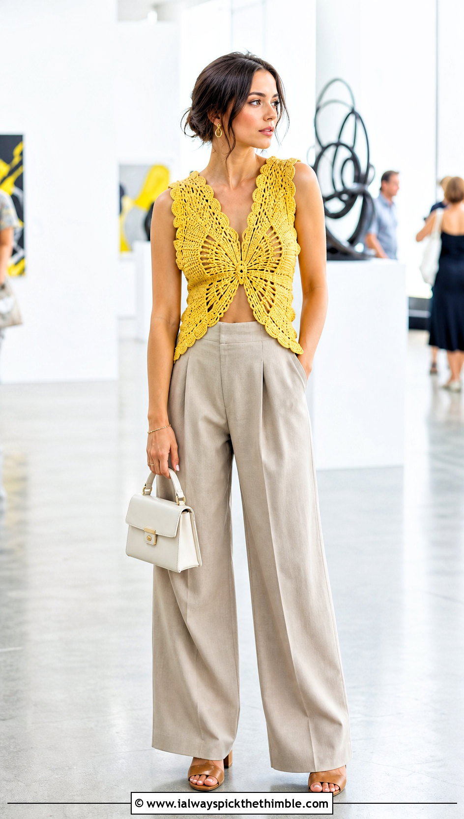 Shell Stitch Butterfly Crochet Top With Wide Leg Trousers - 25 butterfly crochet top outfit ideas