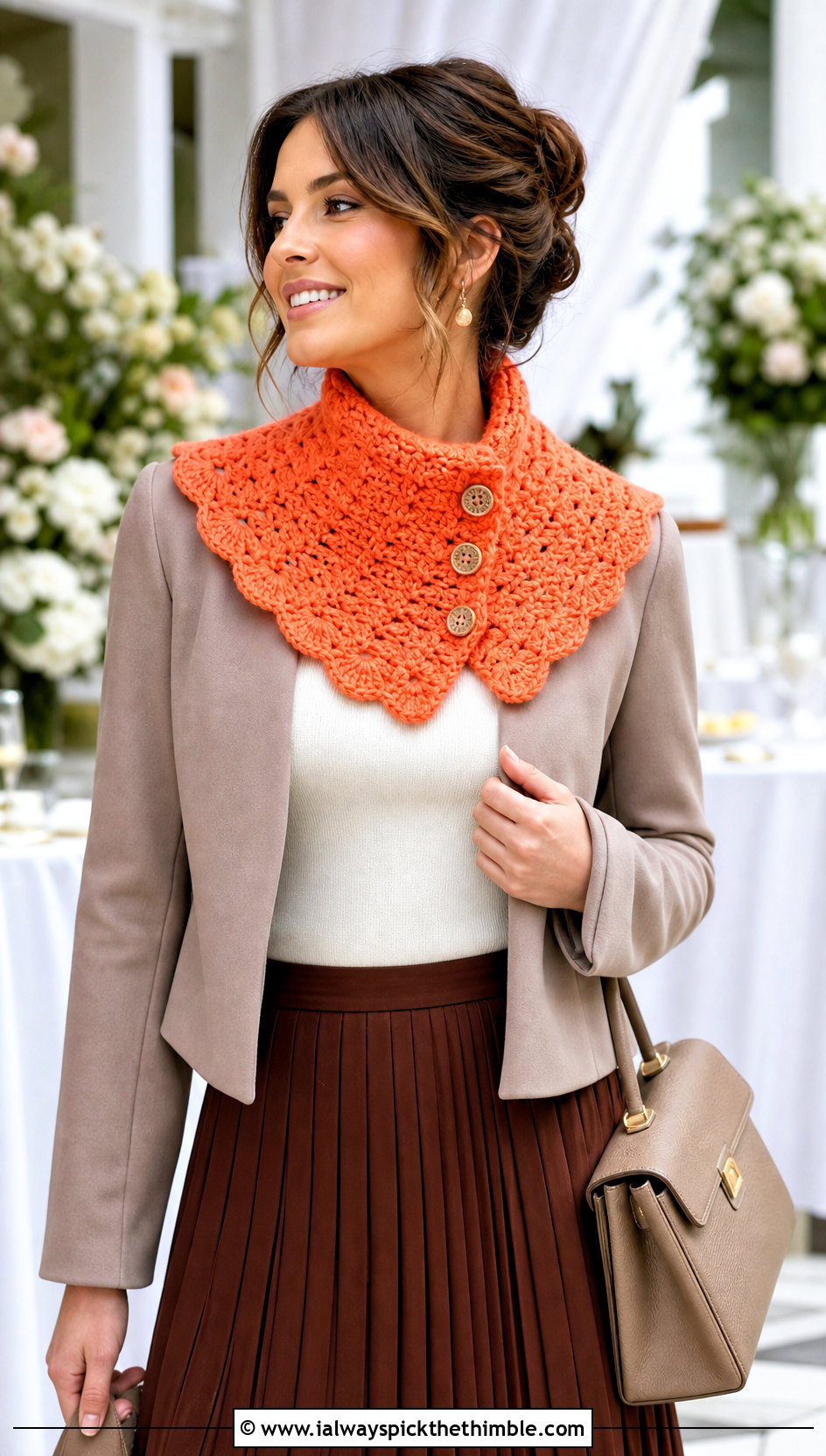 Shell Stitch Button Cowl With Pleated Midi Skirt - 20 crochet button cowl outfit ideas