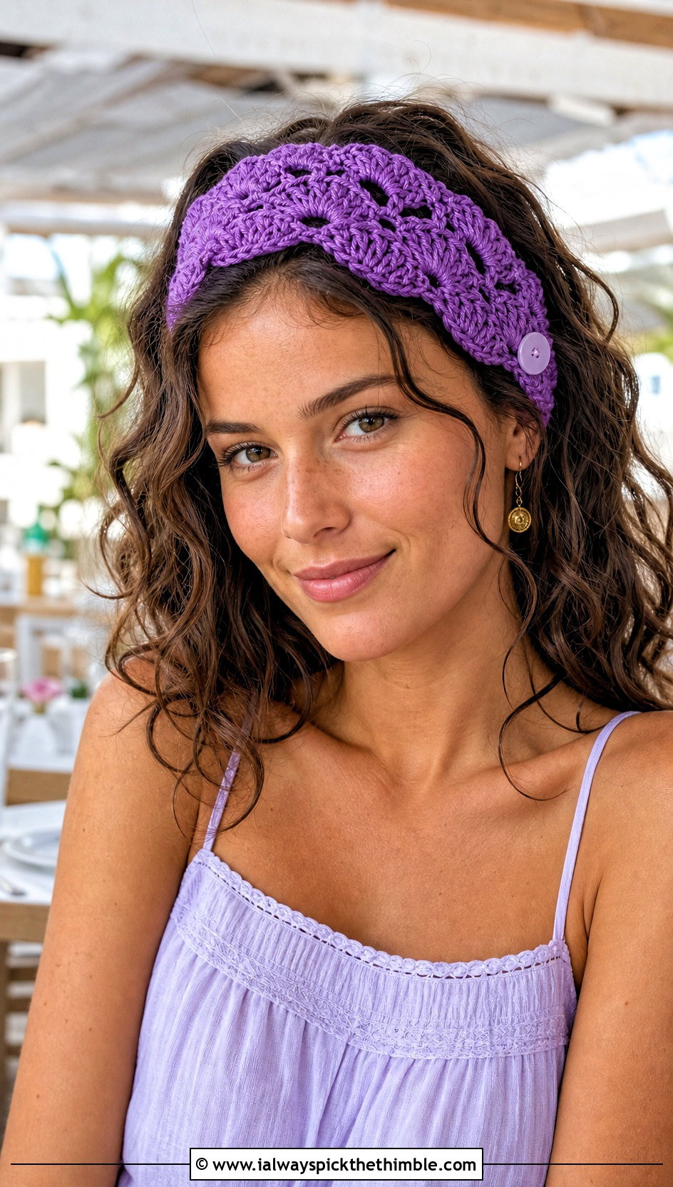 Shell Stitch Button Crochet Headband With Sundress And Sandals - 15 Crochet Button Headband outfit ideas