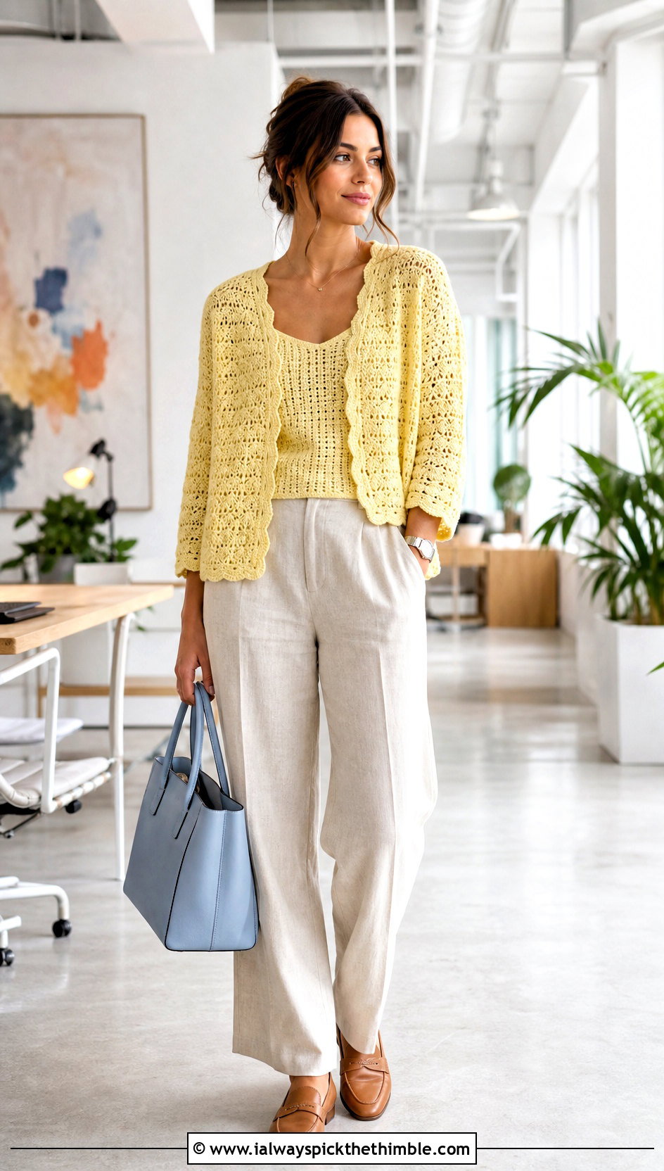 Shell Stitch Cardigan With Linen Trousers - 25 crochet summer cardigan outfit ideas
