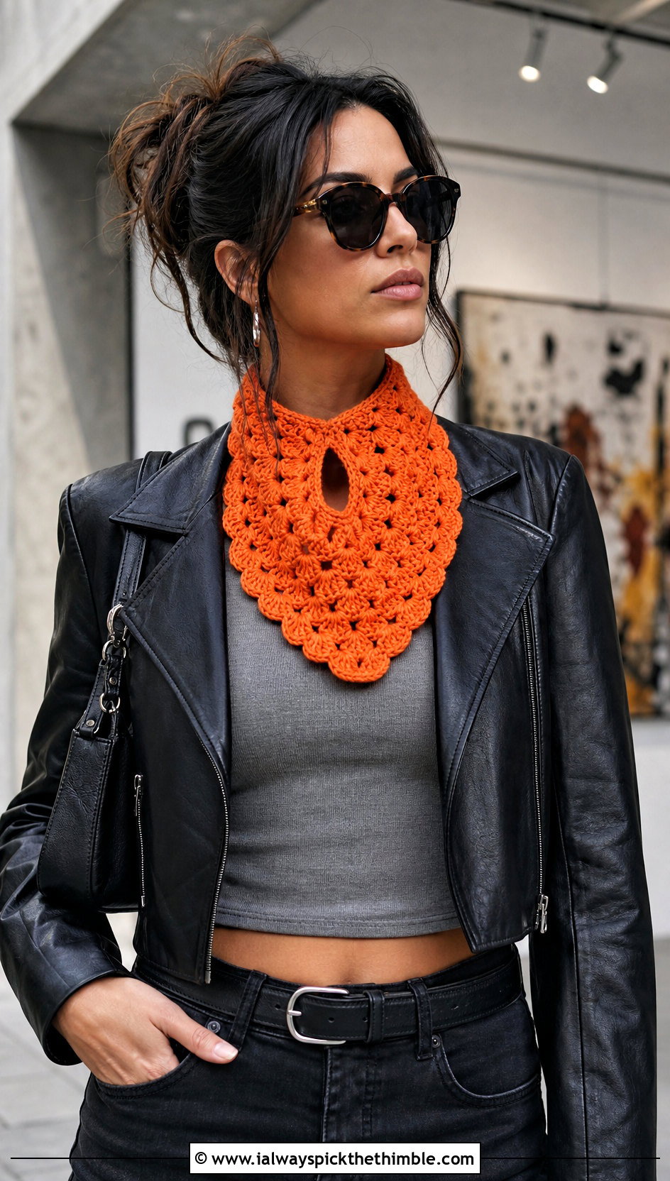 Shell Stitch Cari Keyhole Crochet Scarf With Leather Jacket - 15 Cari Keyhole Crochet Scarf outfit ideas