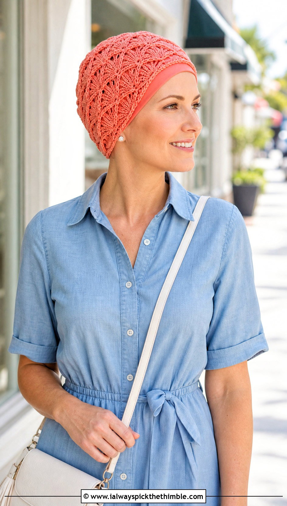 Shell Stitch Chemo Cap With Chambray Dress - 20 Crochet Summer Chemo Caps outfit ideas