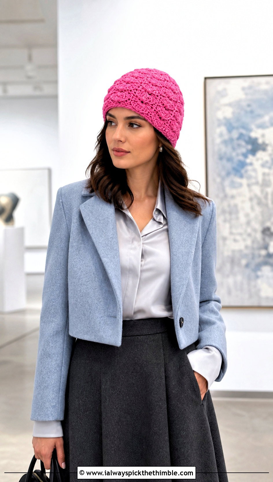 Shell Stitch Chunky Crochet Hat With Satin Blouse And Midi Skirt - 20 Easy Chunky Crochet Hat outfit ideas