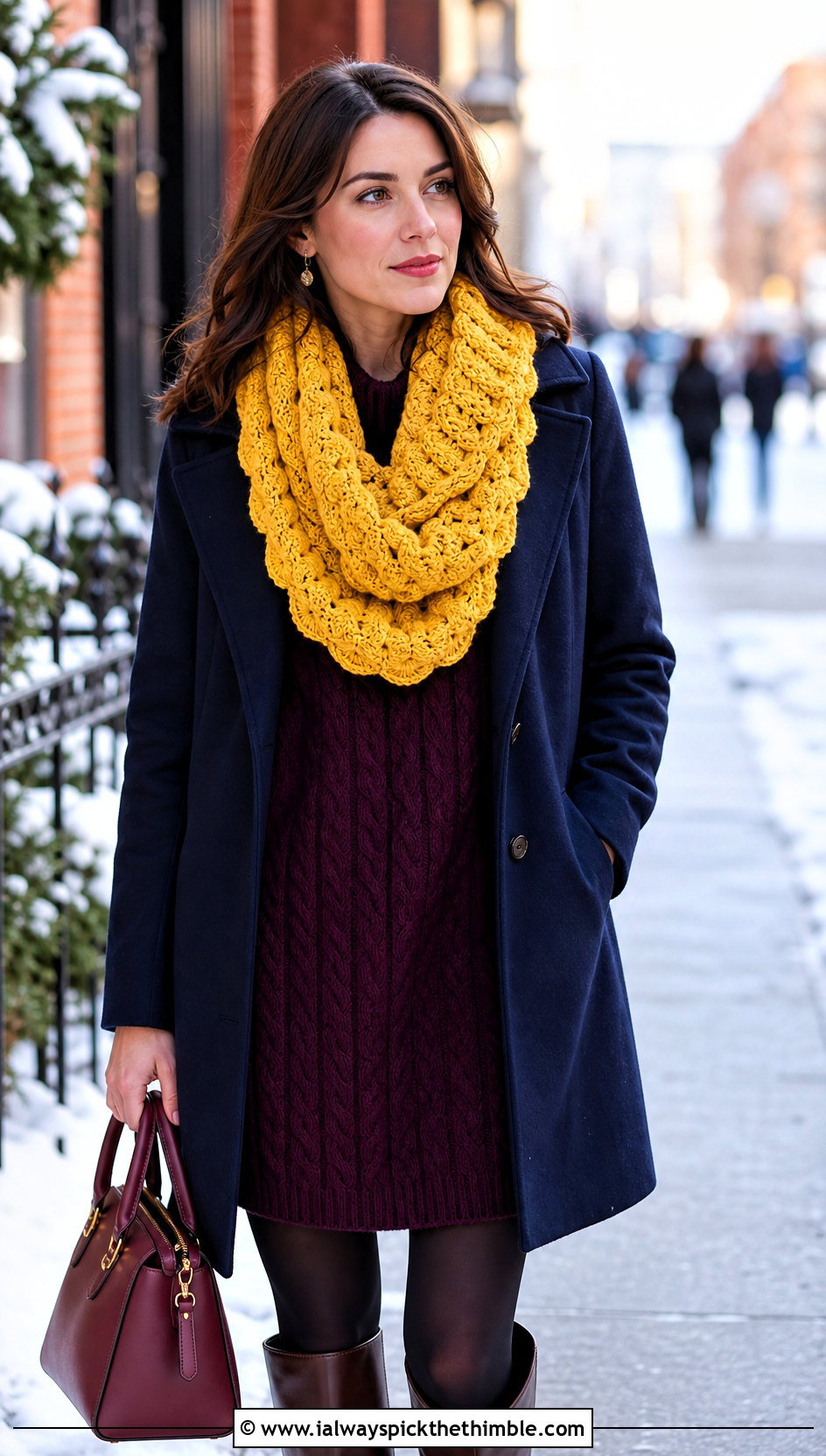 Shell Stitch Chunky Crochet Infinity Scarf With Sweater Dress - 20 Chunky Crochet Infinity Scarf outfit ideas
