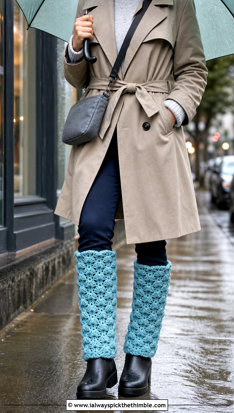 Shell Stitch Chunky Crochet Leg Warmers With Trench Coat And Rain Boots - 20 chunky crochet leg warmers outfit ideas