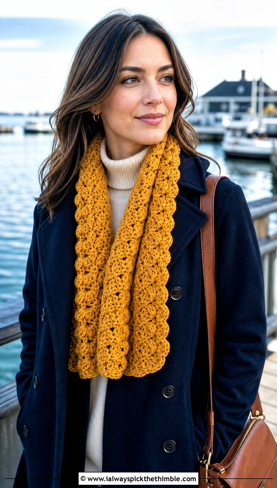 Shell Stitch Chunky Crochet Scarf With Peacoat - 25 chunky crochet scarf outfit ideas