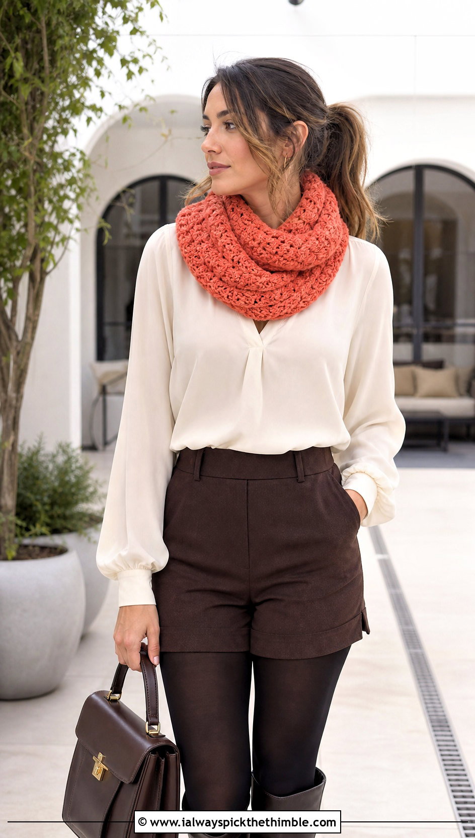 Shell Stitch Chunky Yarn Crochet Cowl With Blouse And Tailored Shorts - 20 Chunky Yarn Crochet Cowl outfit ideas