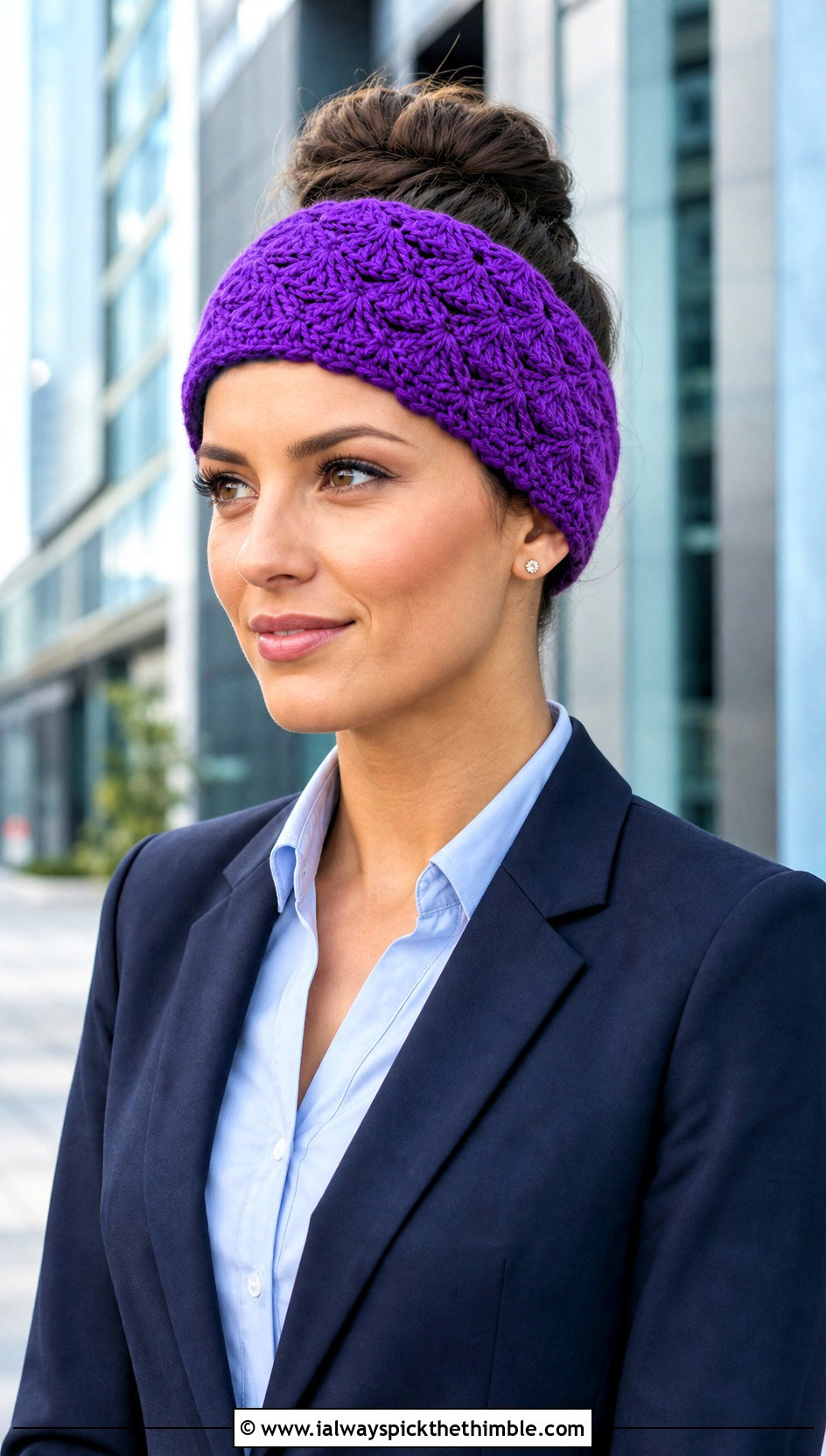 Shell Stitch Chunky Yarn Crochet Ear Warmer With Blazer - 20 chunky yarn crochet ear warmer outfit ideas
