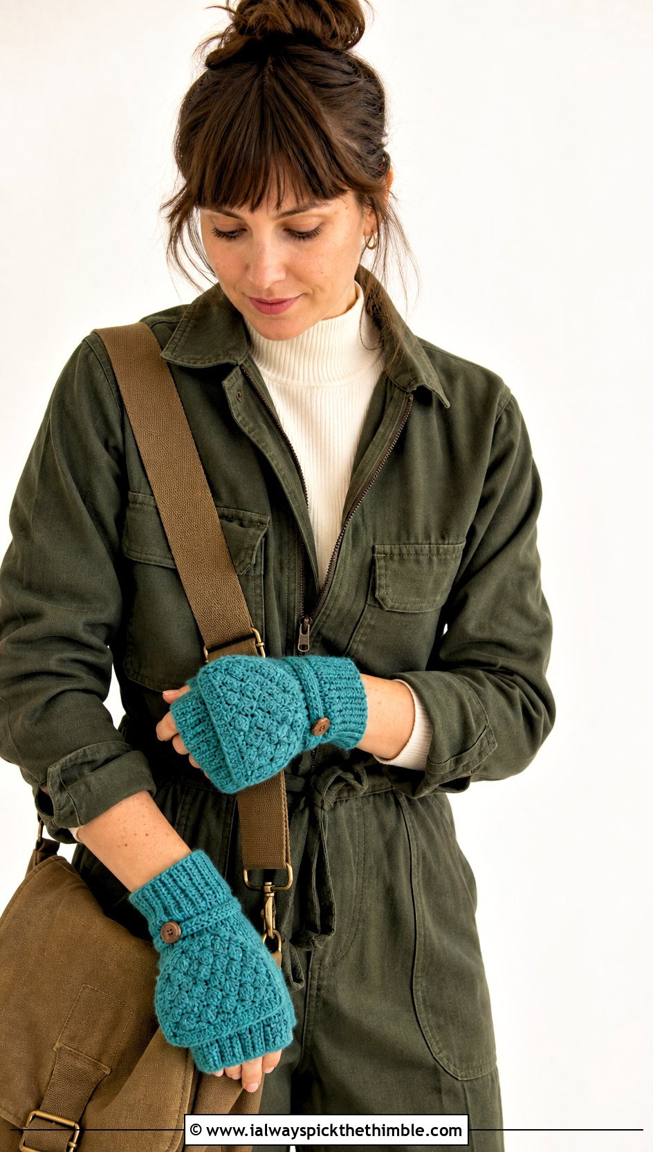 Shell Stitch Convertible Crochet Mittens With Utility Jumpsuit - 20 Convertible Crochet Fingerless Mittens outfit ideas