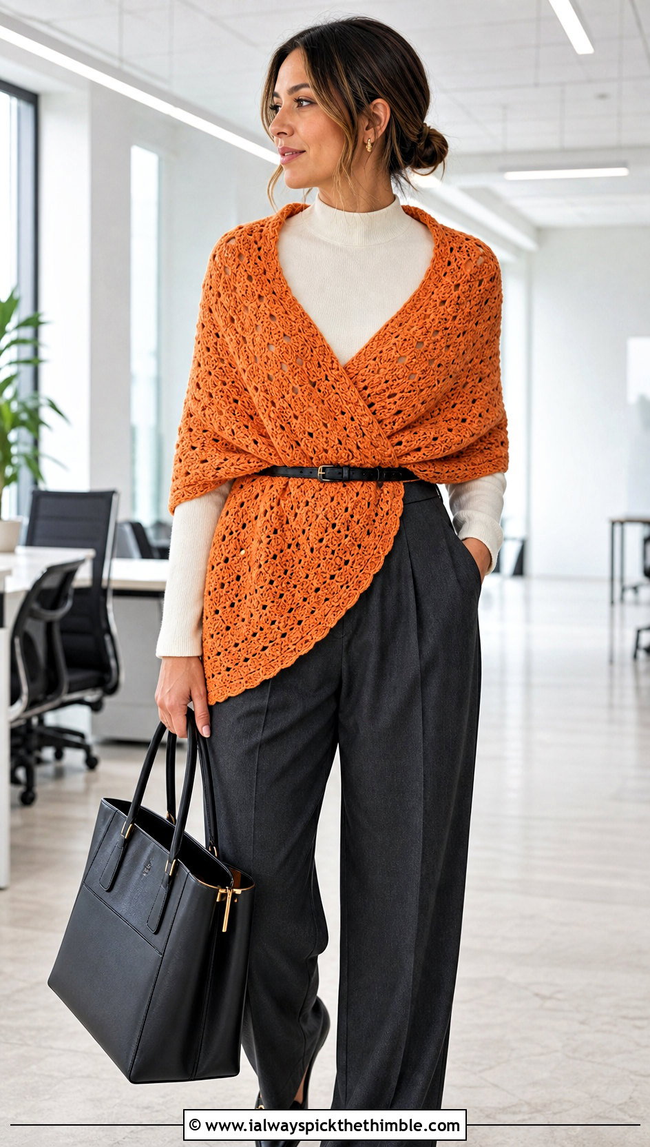 Shell Stitch Crescent Crochet Shawl With Tailored Trousers - 20 Crescent Crochet Shawl outfit ideas