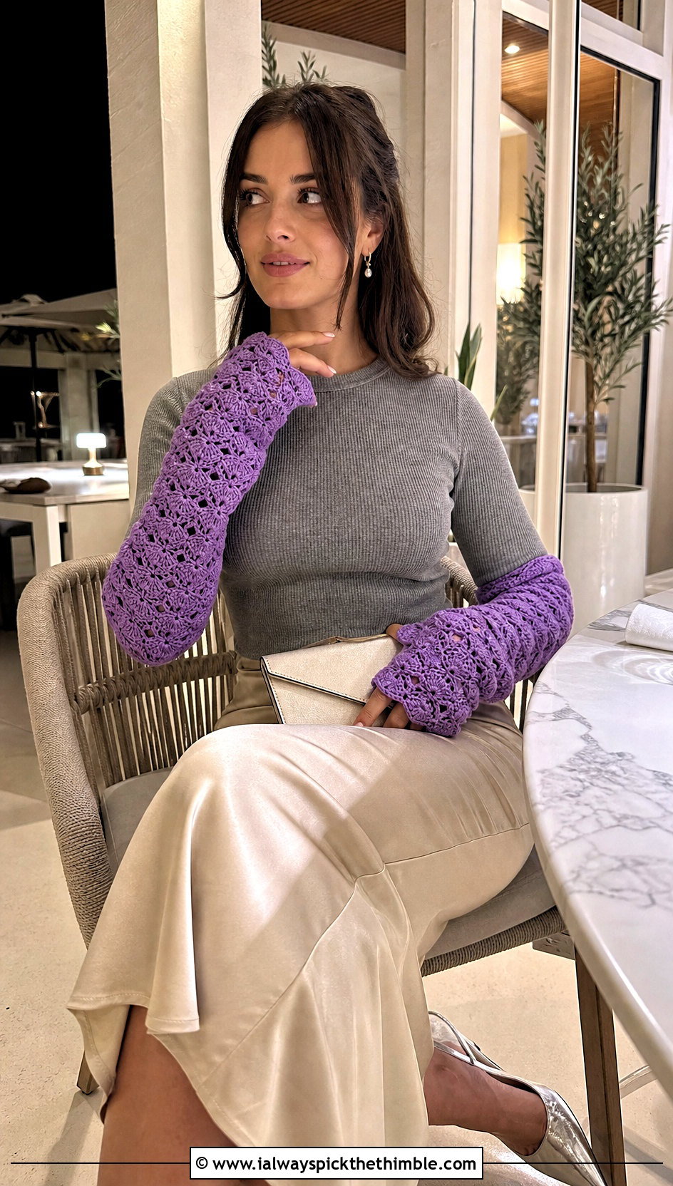 Shell Stitch Crochet Arm Warmers With Satin Skirt And Knit Top - 25 crochet arm warmers outfit ideas