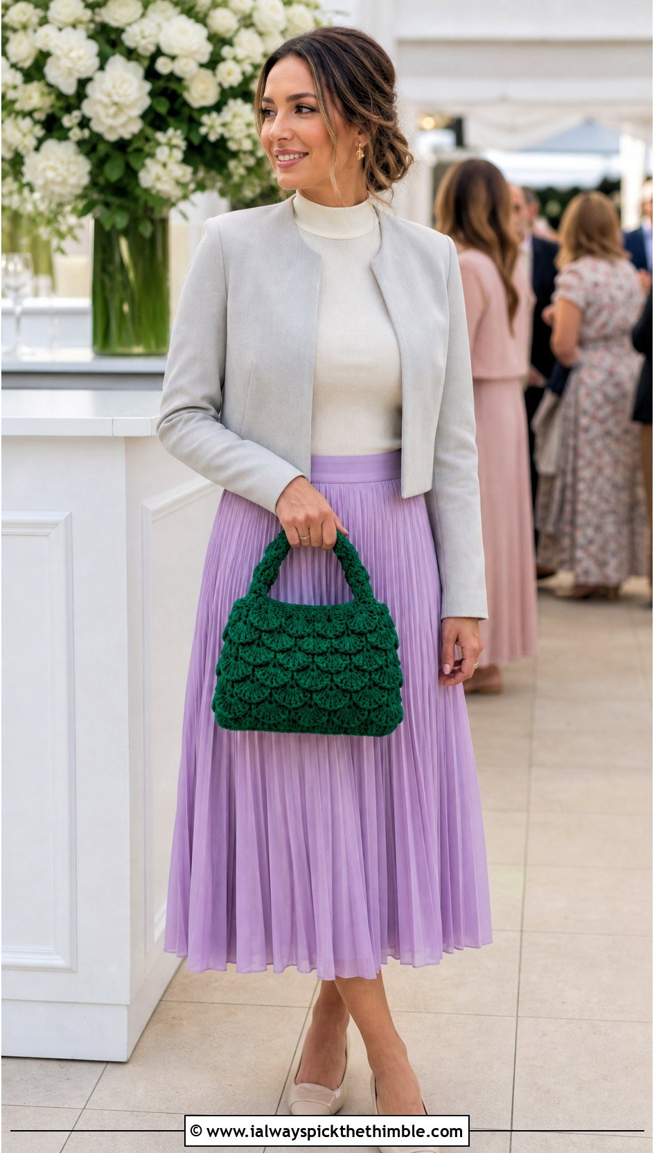 Shell Stitch Crochet Bag With Pleated Skirt - 25 crochet bag outfit ideas
