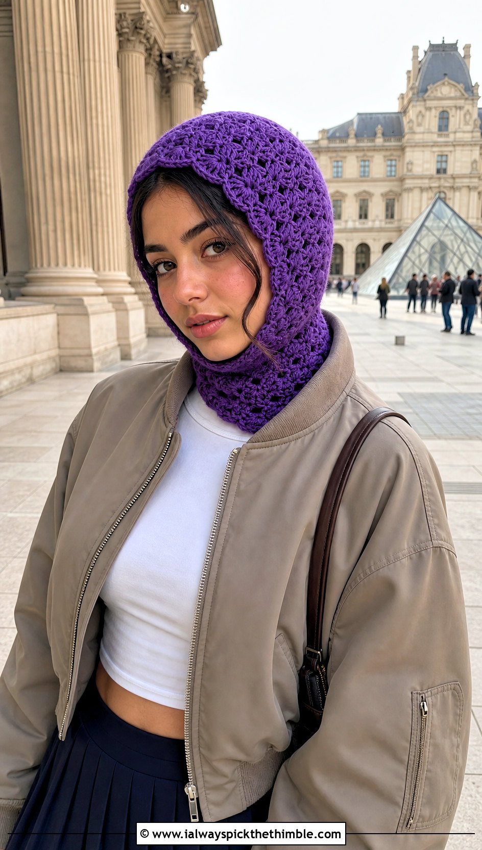 Shell Stitch Crochet Balaclava With Bomber Jacket - 20 hooded crochet balaclava outfit ideas