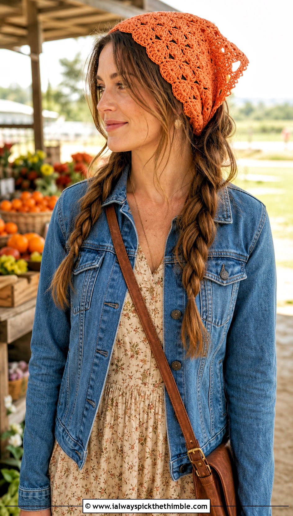 Shell Stitch Crochet Bandana Scarf With Prairie Dress - 25 crochet bandana scarf outfit ideas