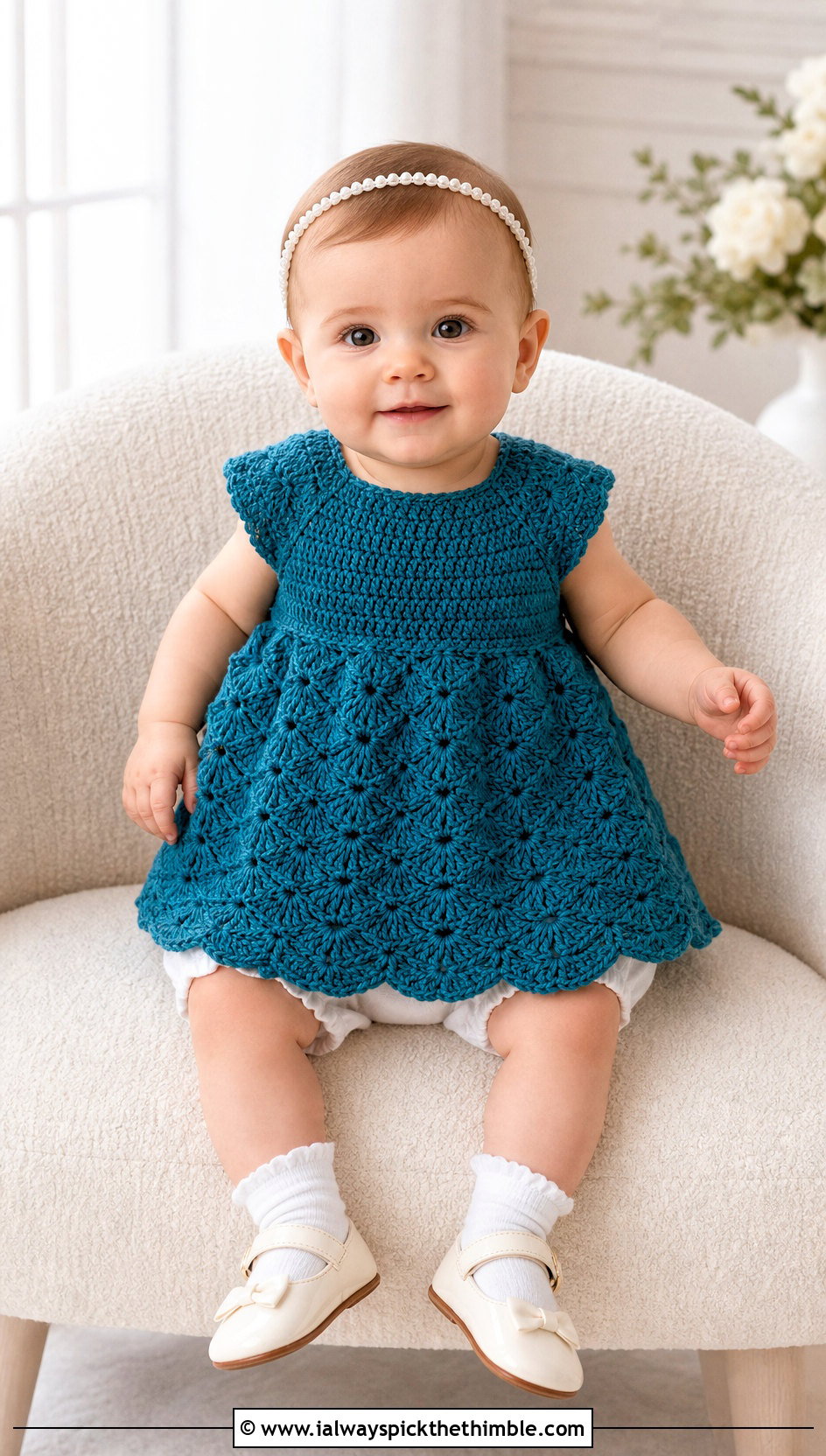 Shell Stitch Crochet Baptism Gown With Pearl Headband - 15 Crochet Baptism Gown outfit ideas