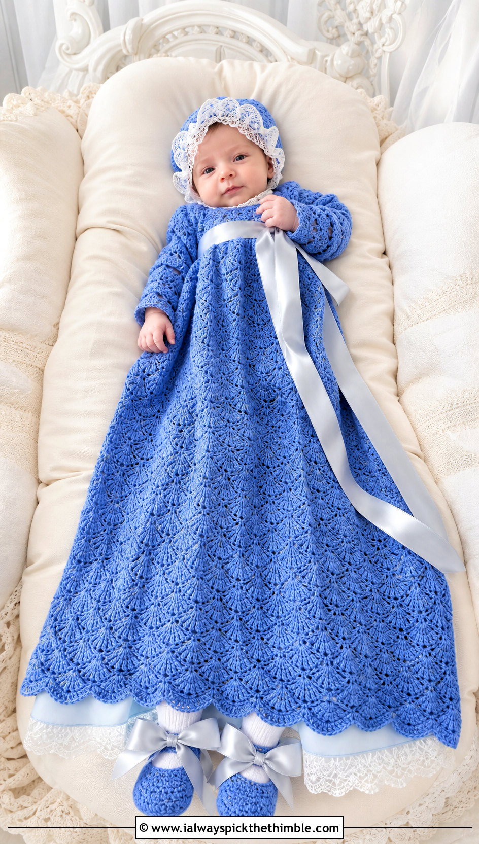 Shell Stitch Crochet Baptism Gown With Ribbon Booties - 15 crochet baptism dress outfit ideas