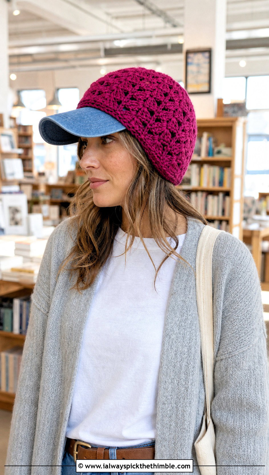 Shell Stitch Crochet Baseball Cap Ear Warmer With Cardigan And Jeans - 20 crochet baseball cap ear warmer outfit ideas