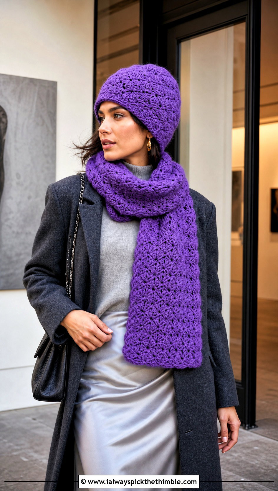 Shell Stitch Crochet Beanie And Scarf Set With Satin Skirt - 20 crochet beanie and scarf set outfit ideas