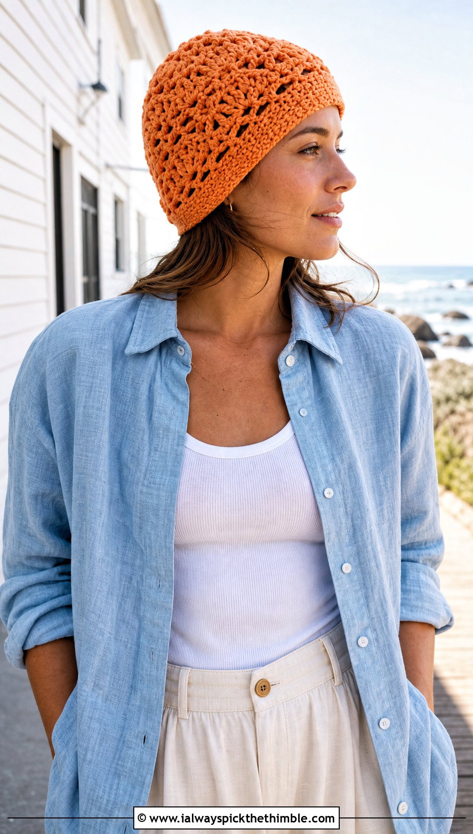 Shell Stitch Crochet Beanie With Linen Shirt And Wide Leg Pants - 20 Fun Crochet Beanie outfit ideas