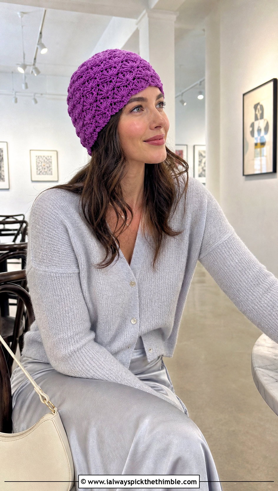 Shell Stitch Crochet Beanie With Satin Skirt - 20 Fall Crochet Beanie outfit ideas