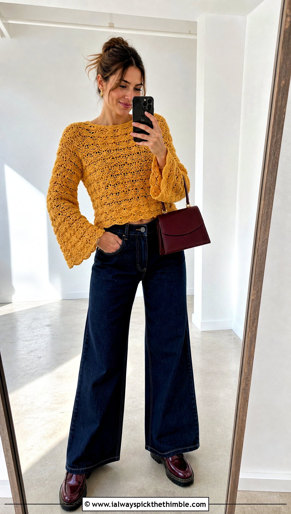 Shell Stitch Crochet Bell Sleeve Top With Dark Wide Leg Jeans - 20 crochet top with bell sleeves outfit ideas