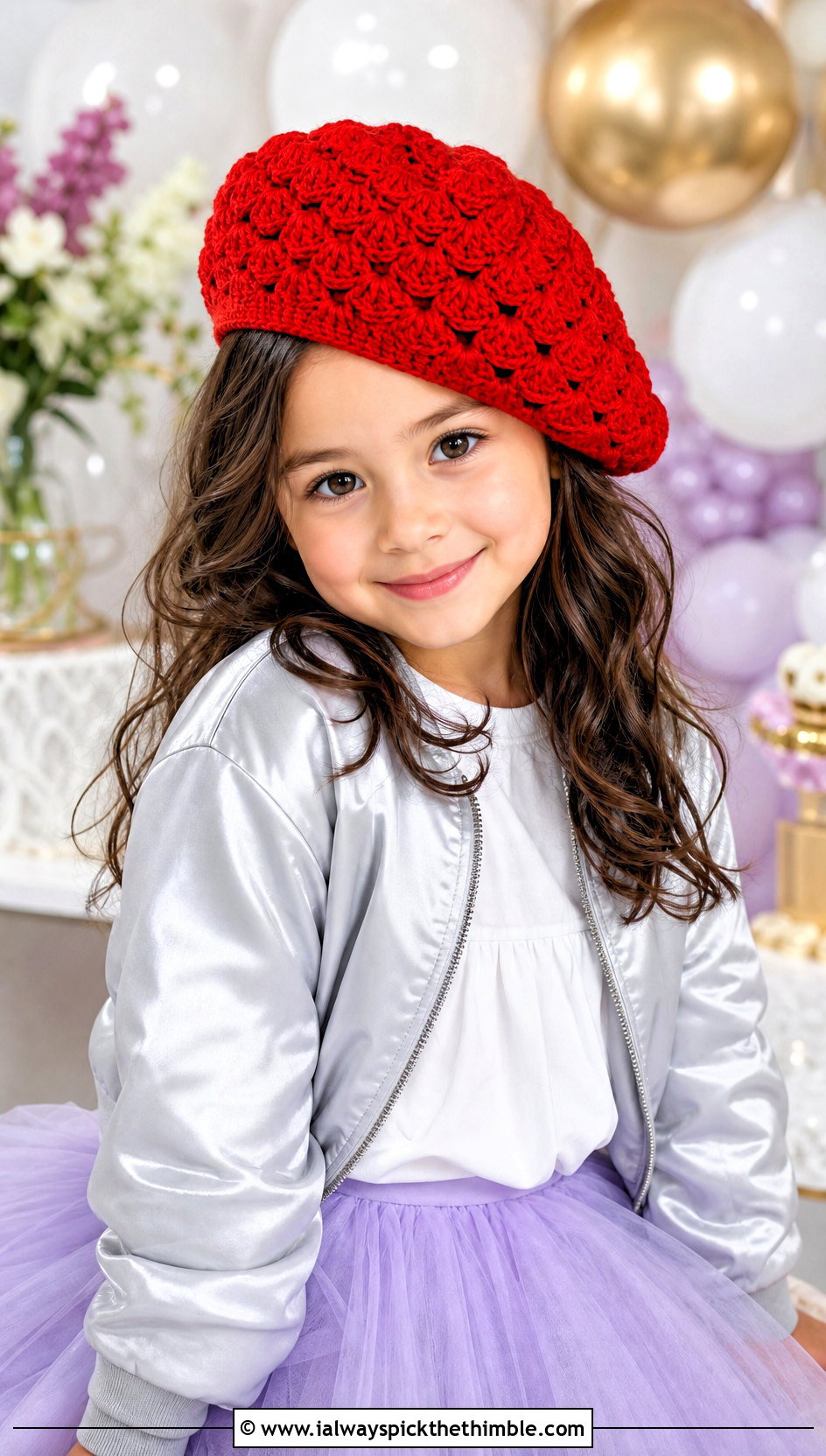 Shell Stitch Crochet Beret With Satin Bomber - 15 Childs Crochet Hat outfit ideas