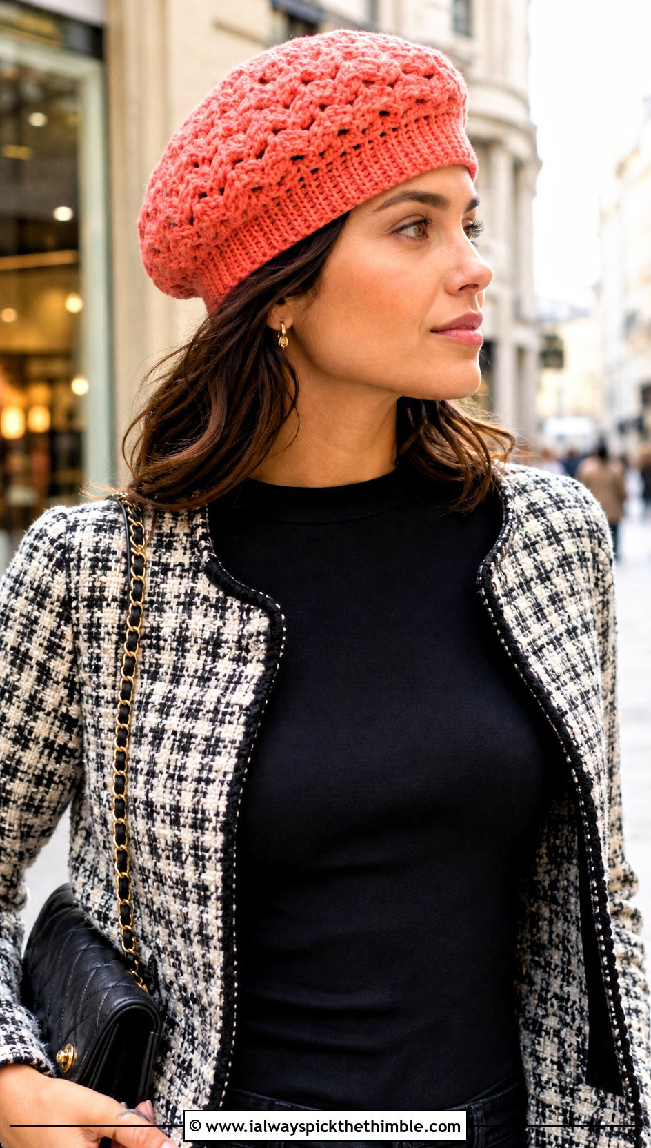 Shell Stitch Crochet Beret With Tweed Jacket - 20 crochet berets outfit ideas
