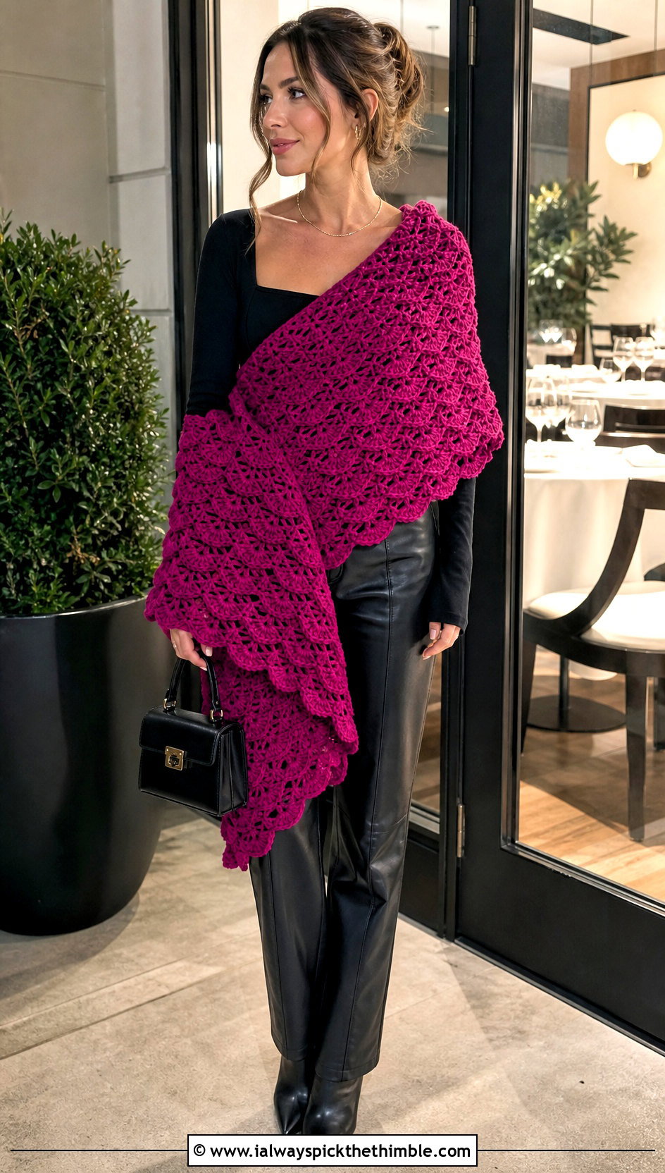 Shell Stitch Crochet Blanket Scarf With Leather Pants - 25 crochet blanket scarf outfit ideas