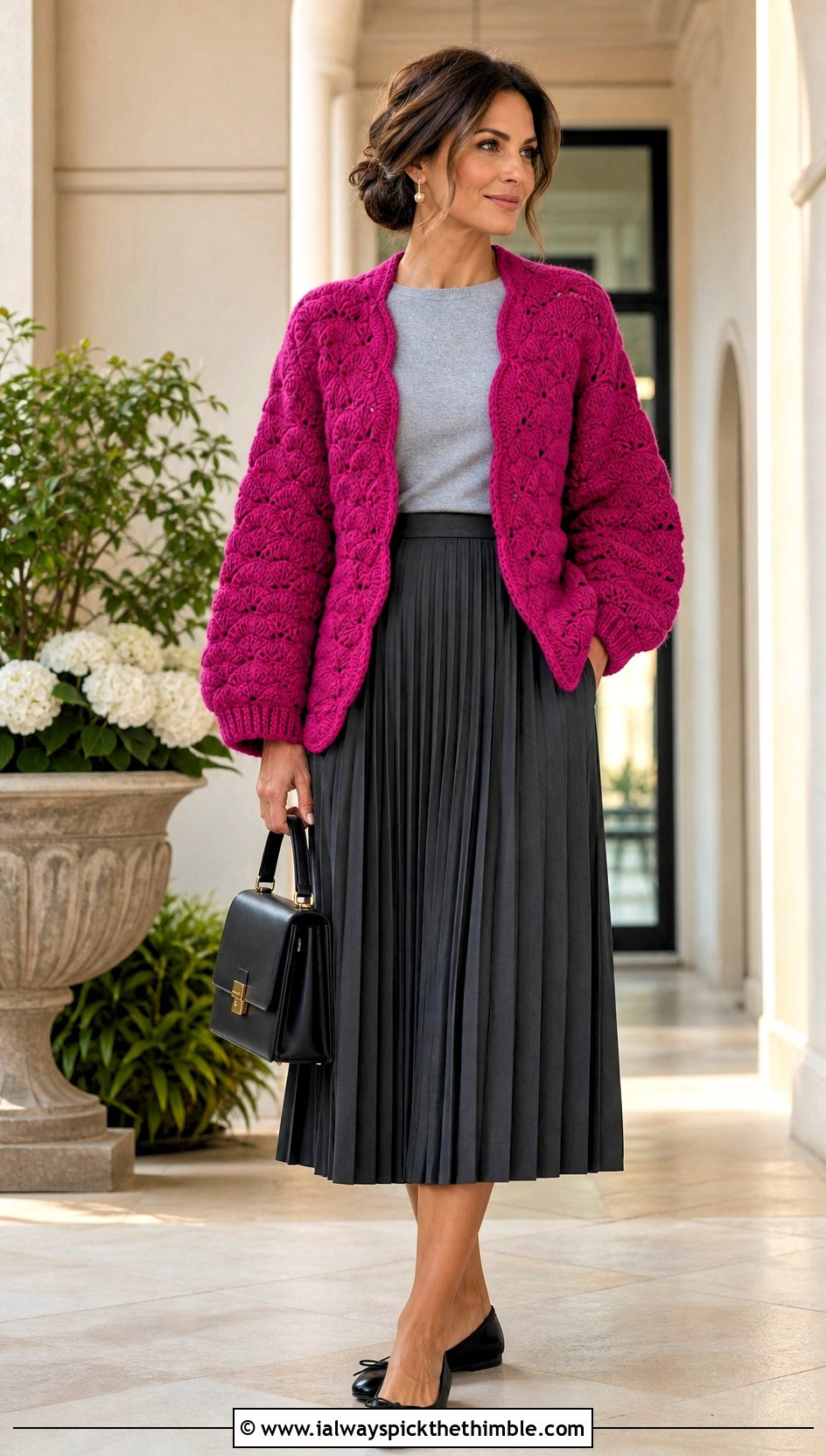 Shell Stitch Crochet Blanket Sweater With a Pleated Skirt - 20 crochet blanket sweater outfit ideas