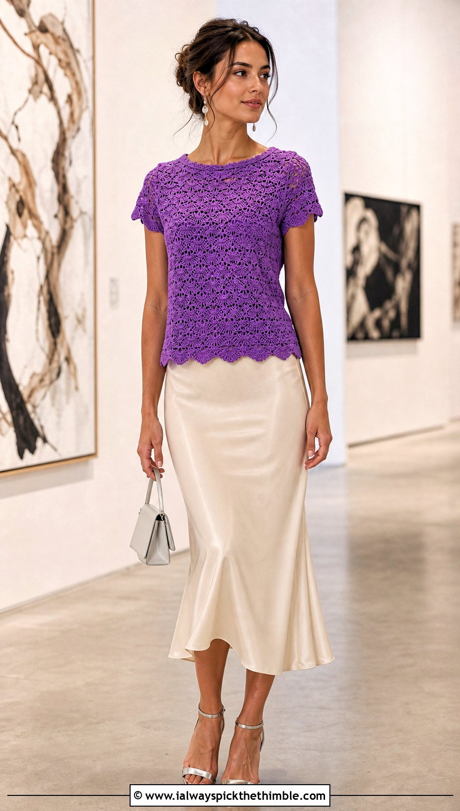 Shell Stitch Crochet Blouse With Satin Midi Skirt - 25 crochet shirt women outfit ideas