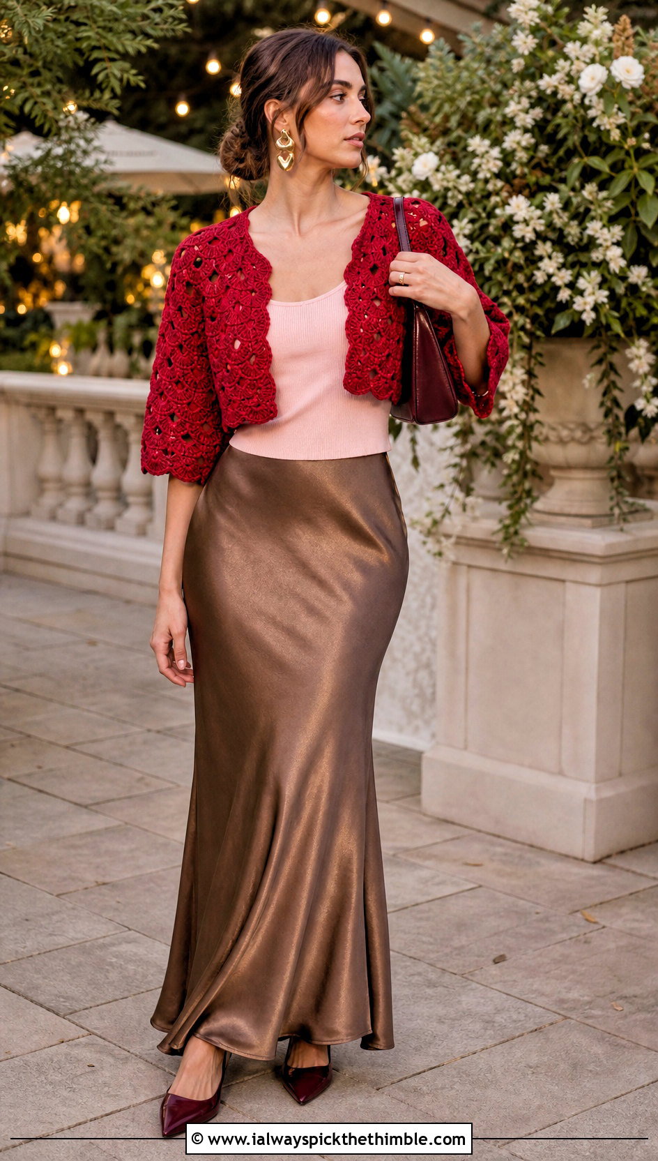 Shell Stitch Crochet Bolero With Satin Maxi Skirt - 20 Crochet Bolero Sweater outfit ideas