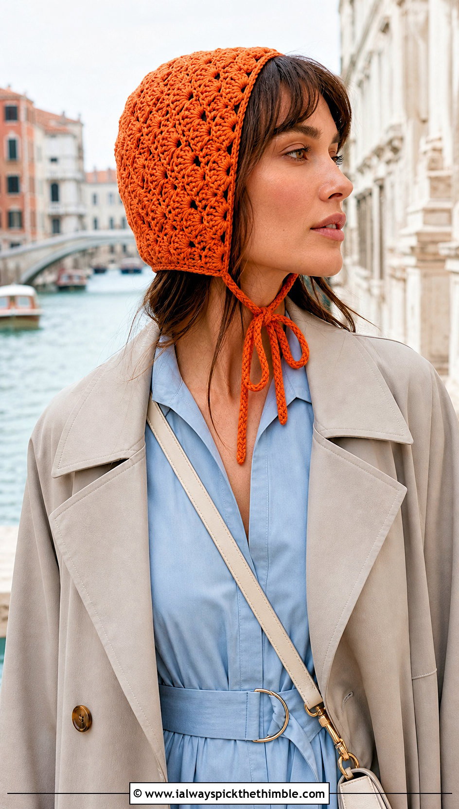 Shell Stitch Crochet Bonnet With Shirt Dress - 20 Easy Crochet Bonnet outfit ideas