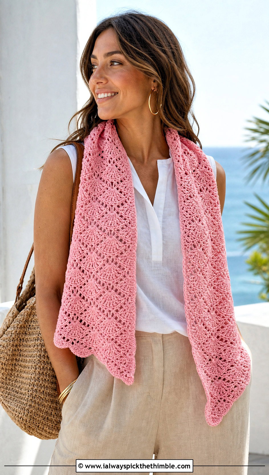 Shell Stitch Crochet Boomerang Scarf With Linen Separates - 15 Crochet Boomerang Scarf outfit ideas