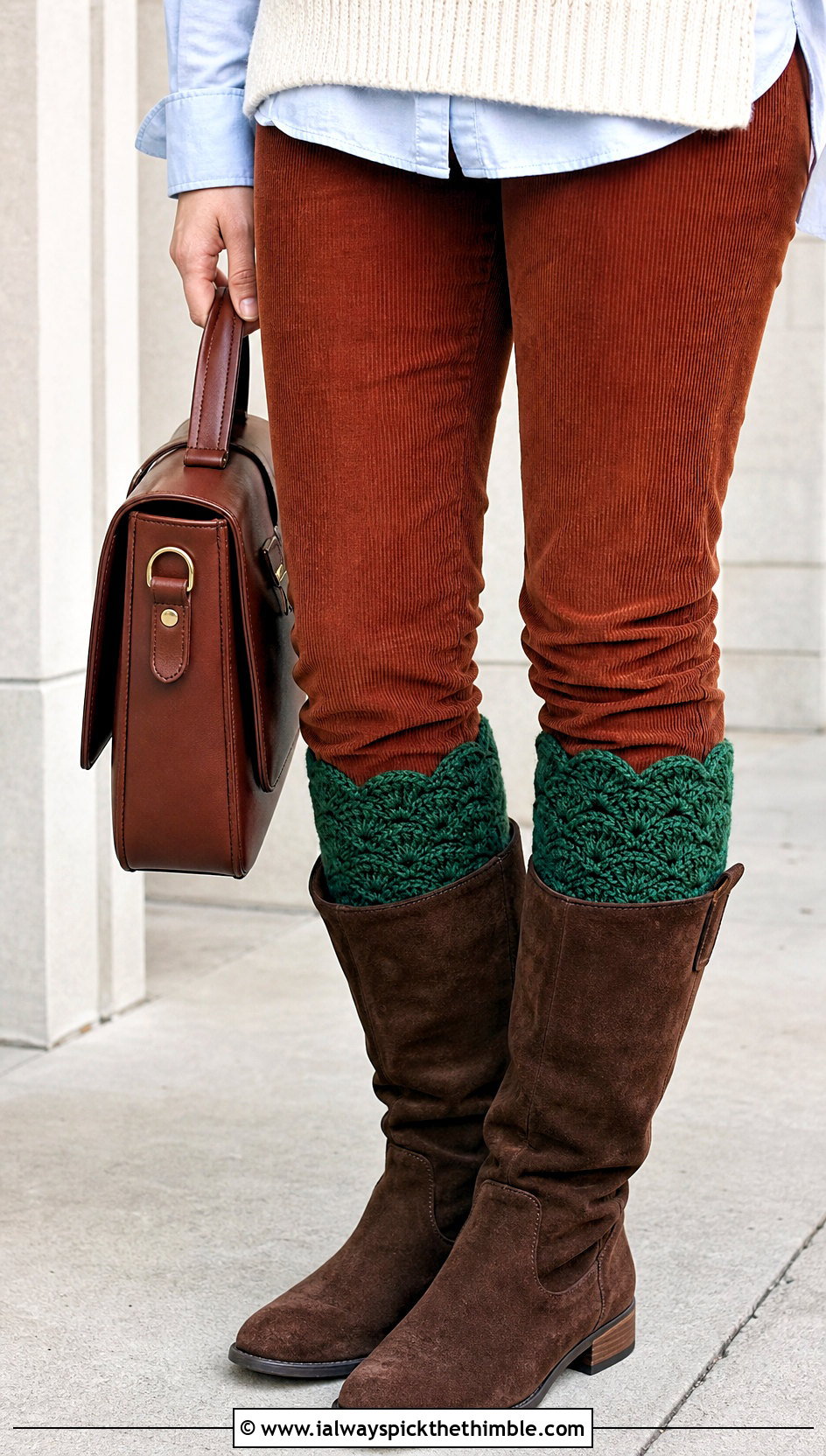 Shell Stitch Crochet Boot Cuffs With Corduroy Pants And Suede Boots - 20 crochet boot cuff outfit ideas
