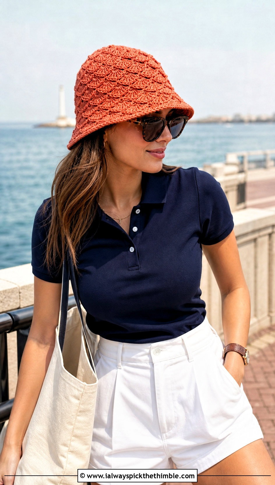 Shell Stitch Crochet Bucket Hat With Polo And Pleated Shorts - 20 summer crochet bucket hat outfit ideas
